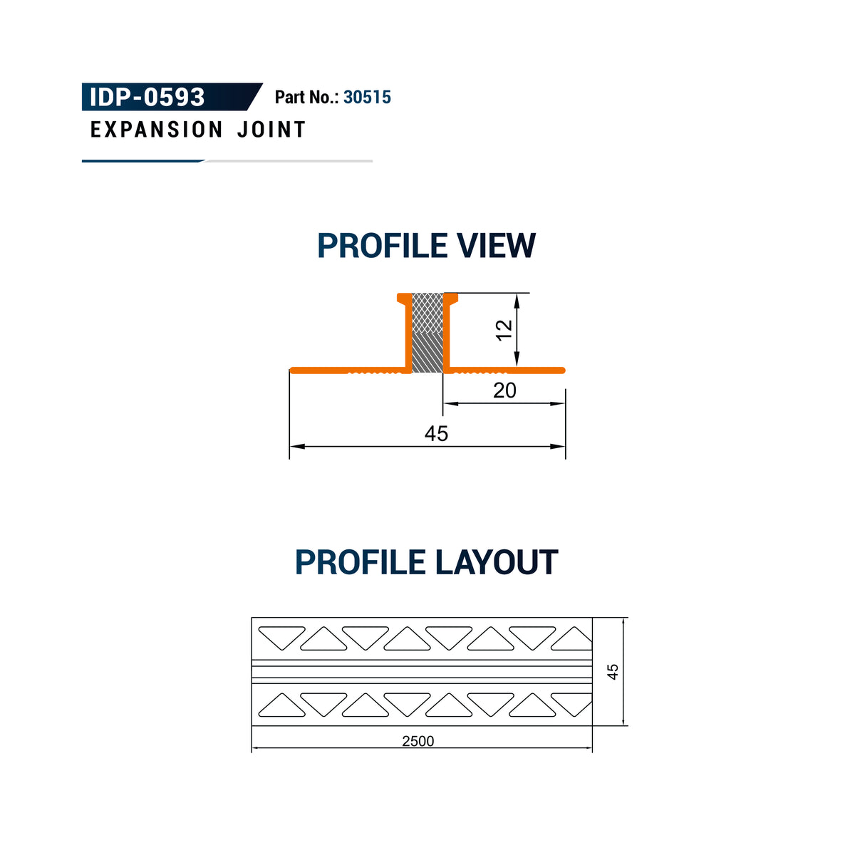 Technical specification diagram for an expansion joint, showing profile view and profile layout with dimensions labeled 45, 20, 12, and 2500.