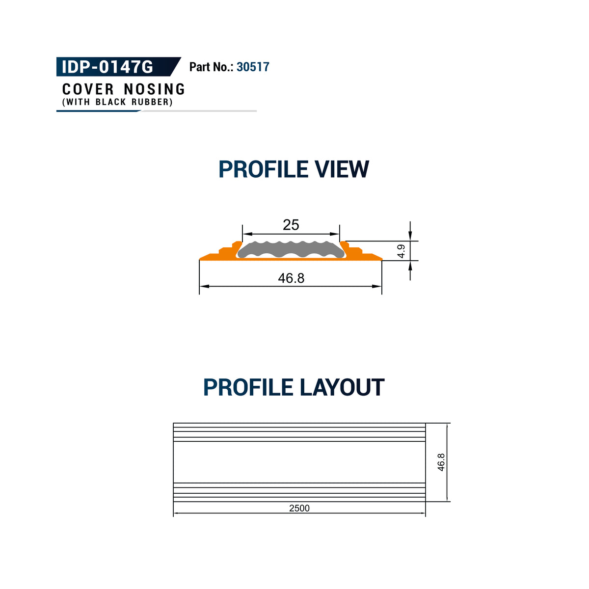 Technical specification diagram for a cover nosing profile, showing profile view and profile layout with dimensions.