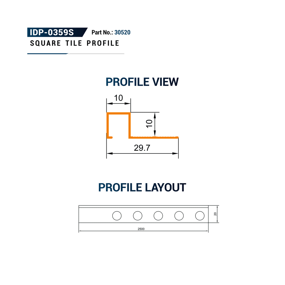 Technical profile drawing for a square tile profile, showing a profile view with dimensions, plus a profile layout with five circular cutouts and a width of 2000.