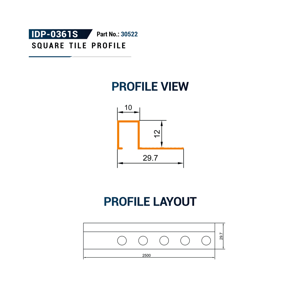 Technical specification sheet for a square tile profile, showing the IDP-0361S part number and profile view with dimensions, plus a profile layout with five circular holes.