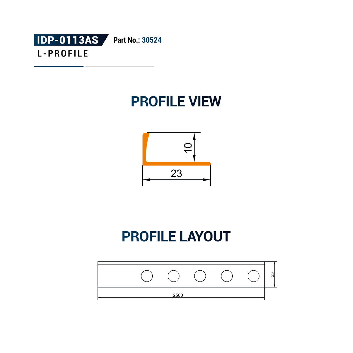 Technical drawing showing an L-profile profile view with dimensions  labeled.