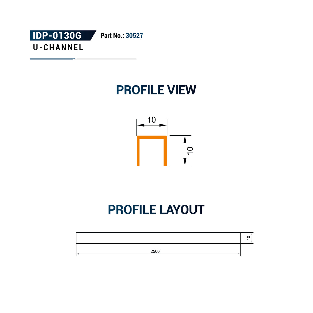 Technical drawing showing profile view and profile layout for a U-channel section, with dimensions labeled. 