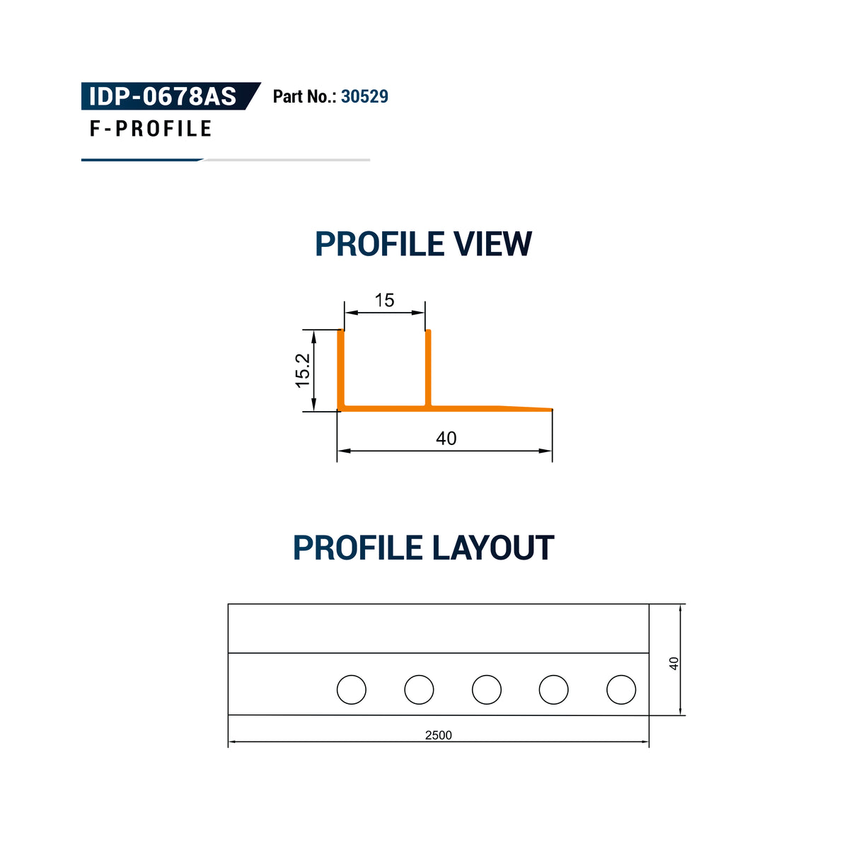 Technical drawing showing an F-profile metal channel section with dimensions labeled with five circular cutouts over a 2500 mm length and 40 mm height.