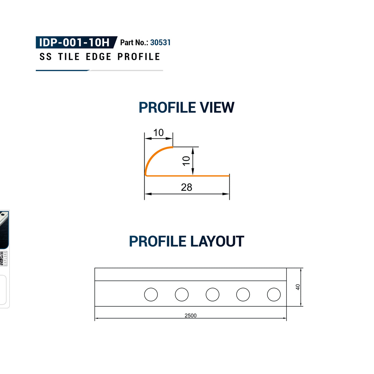 Technical drawing showing the profile view and layout of an SS tile edge profile, with dimensions labeled on a white background.