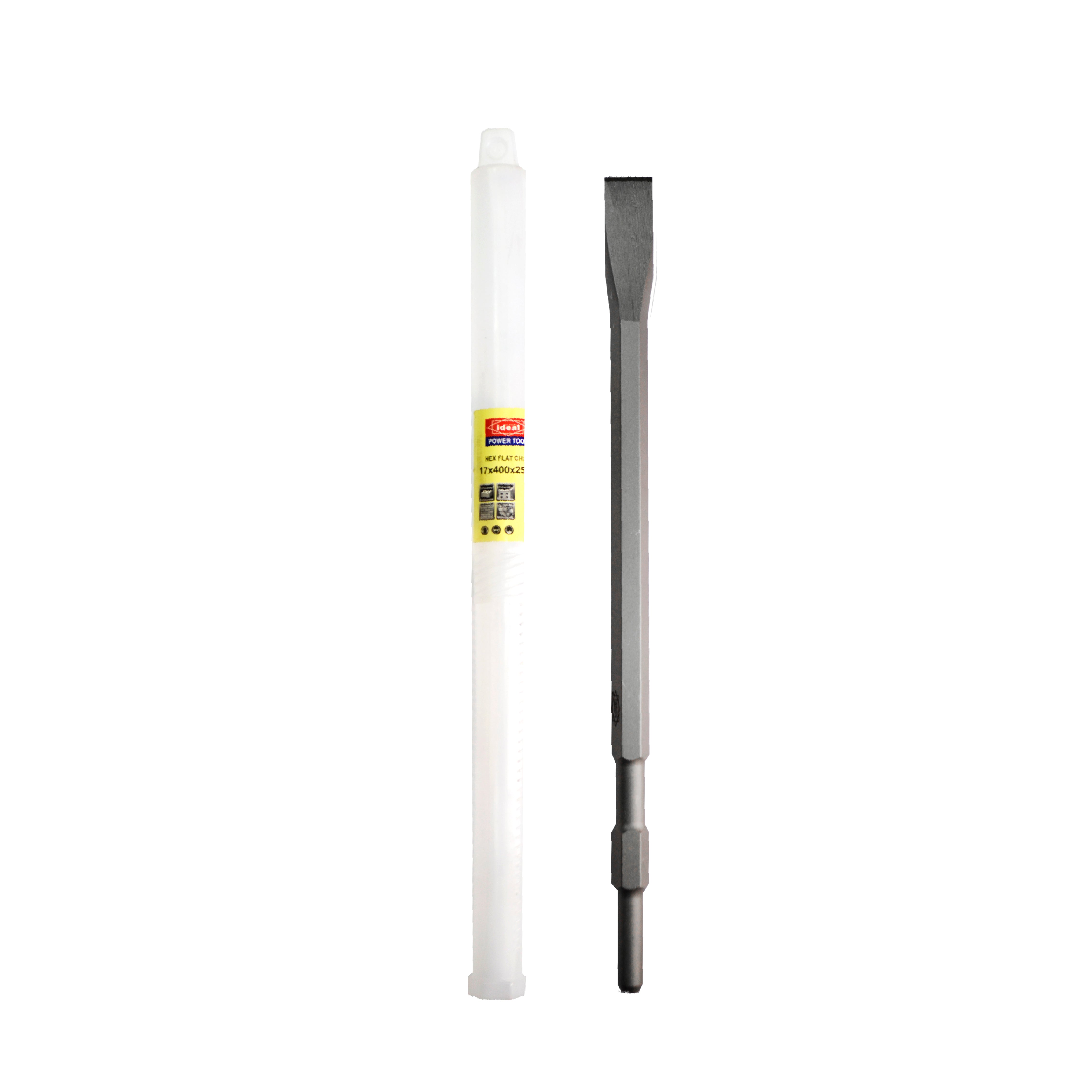 Chisel drill bit and white drill bit holder on a white background