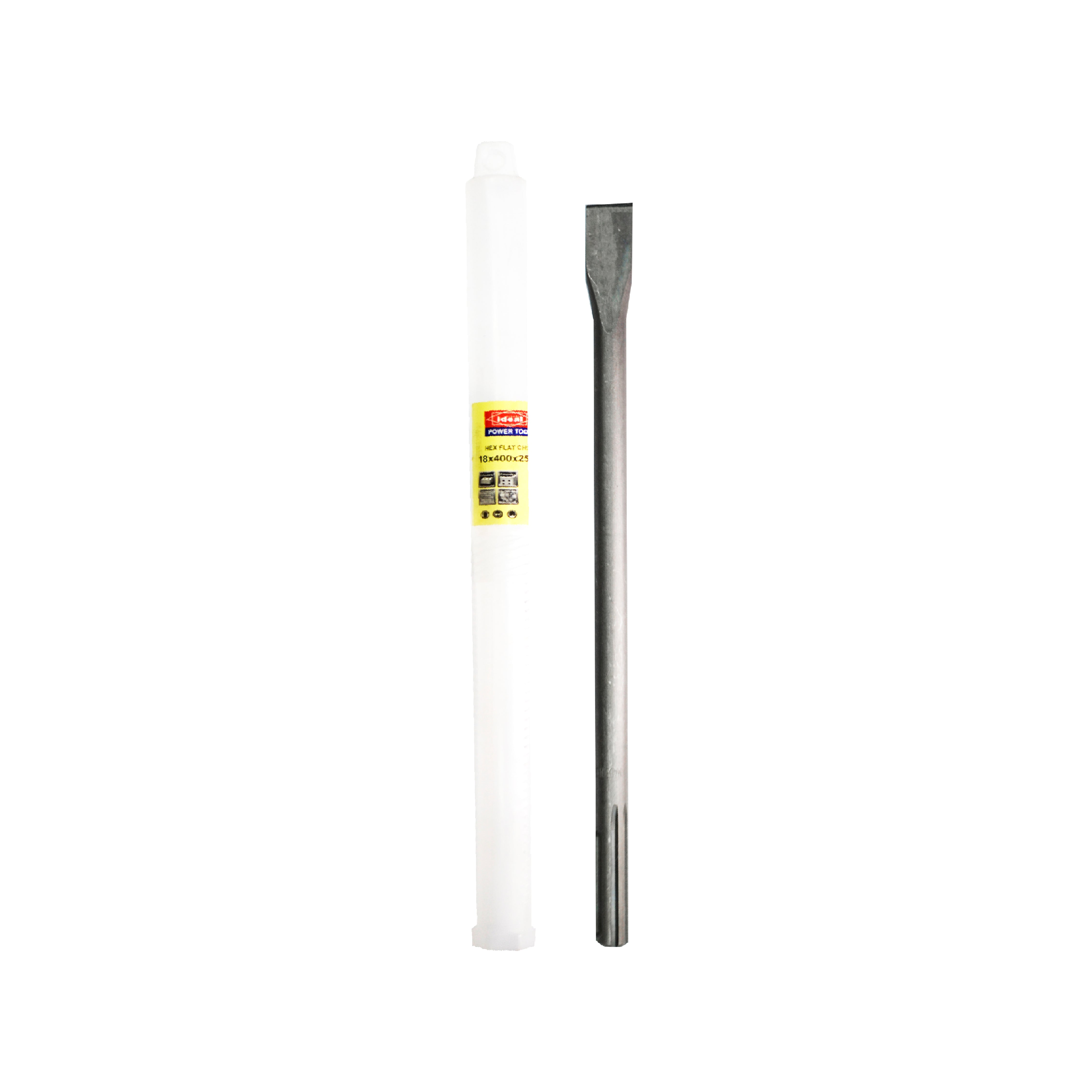 Chisel with a white holder and metal head on a white background