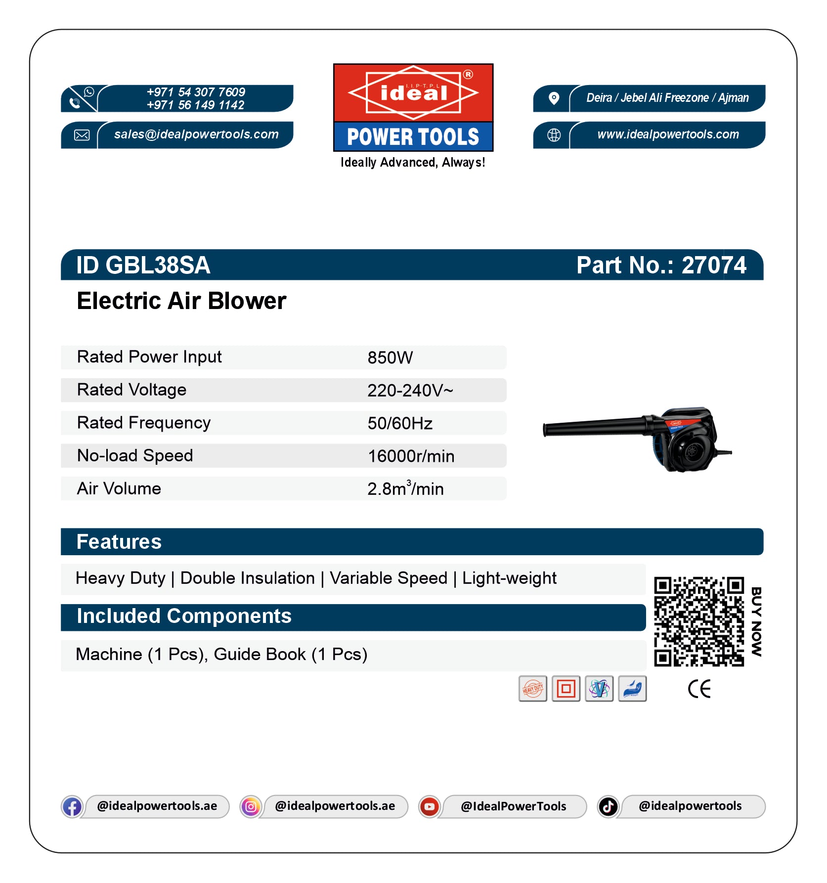 Product card for Ideal Electric Air Blower (ID-GBL38SA) with specifications and branding details.