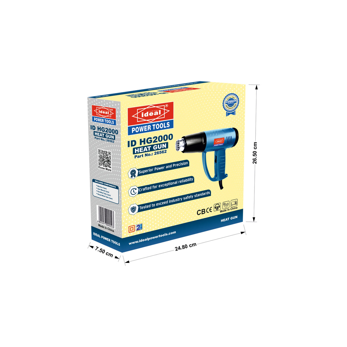 Box packaging of an IDEAL POWER TOOLS blue heat gun (ID HG2000) with dimensions indicated