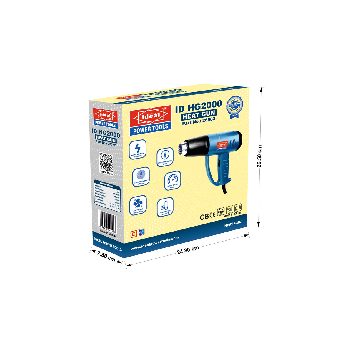 Box packaging of heat gun (ID HG2000) with dimensions indicated