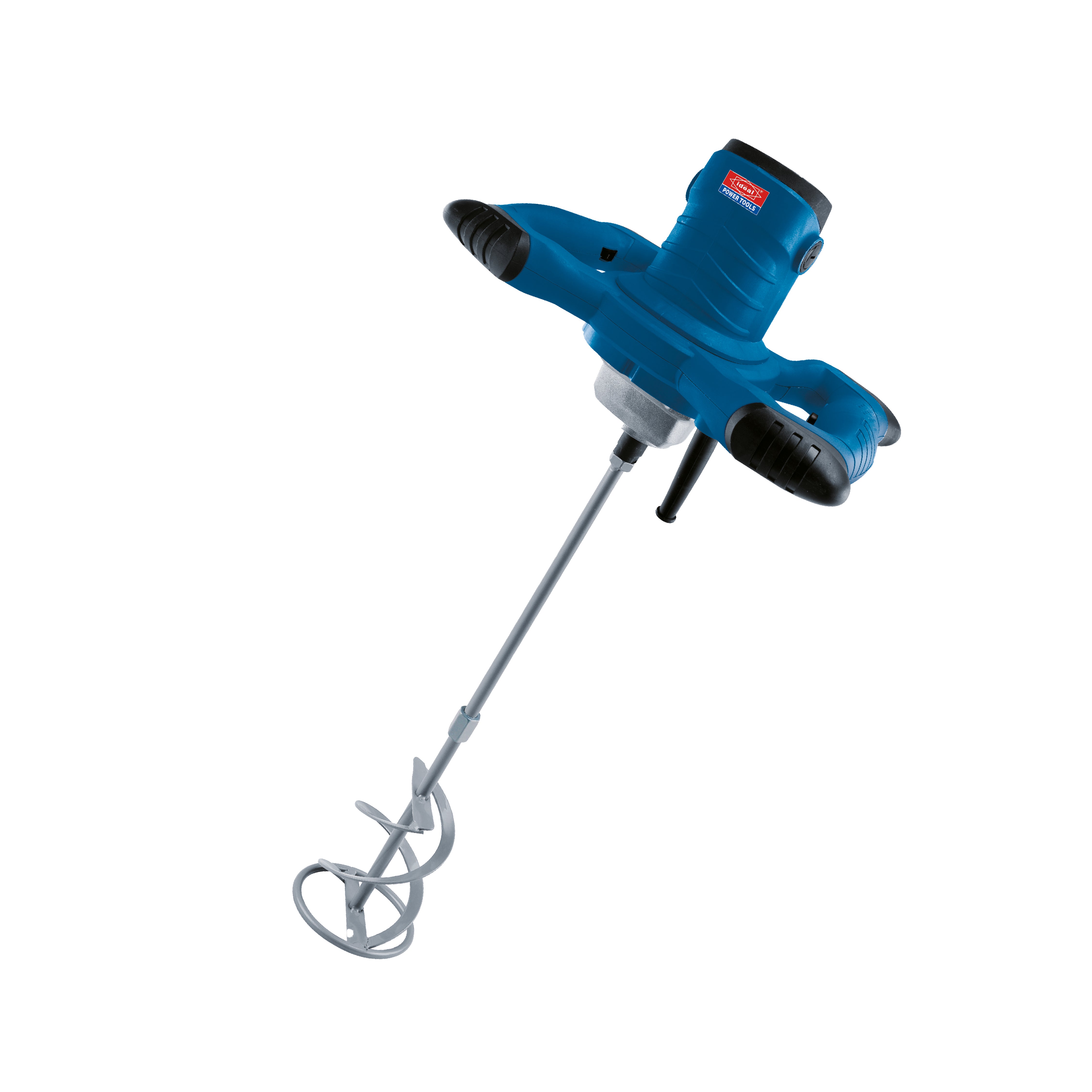 Blue handheld electric paint mixer (ID PM1200) on a white background