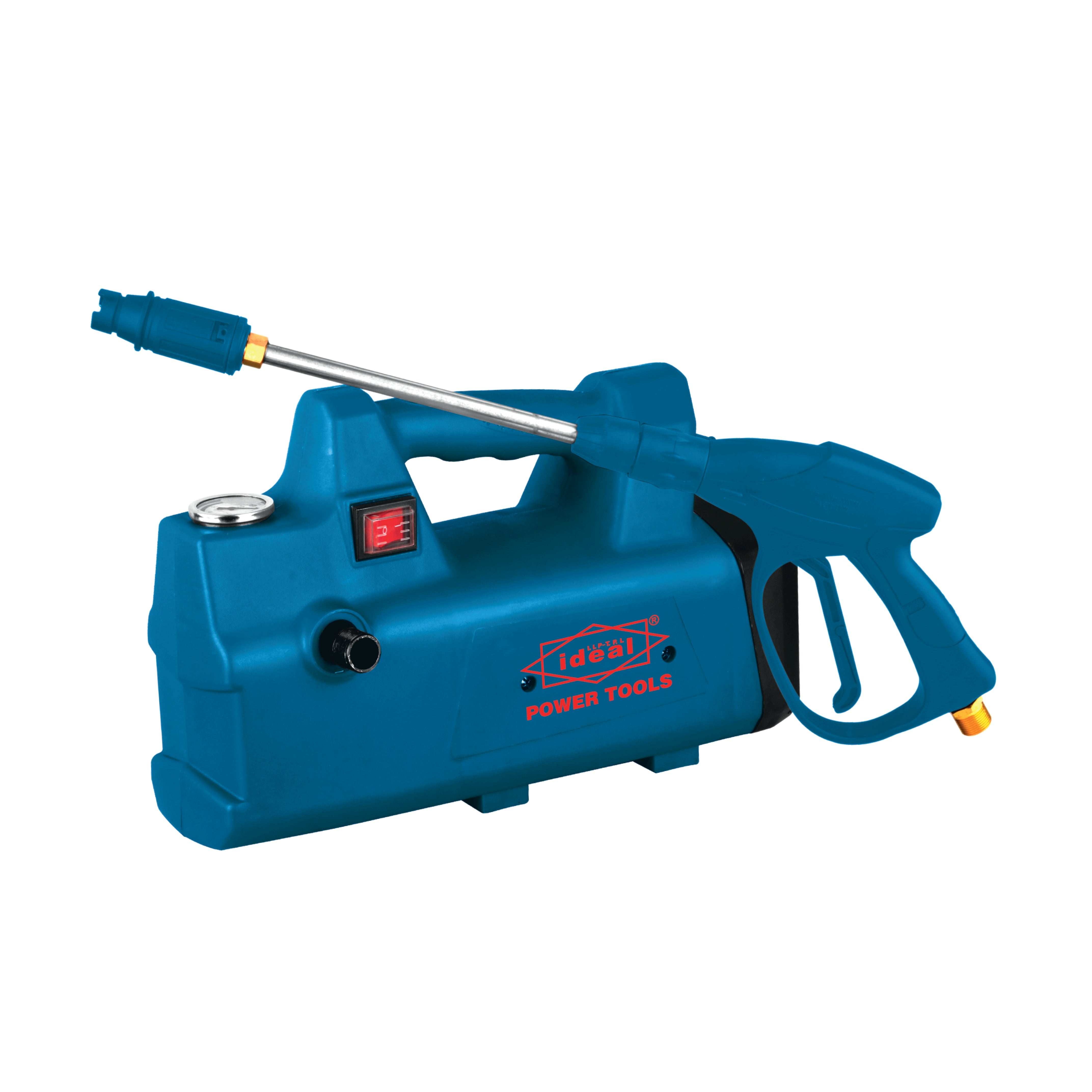 ID-SR210 electric pressure washer machine with ergonomic spray gun, hose, and wheels — compact high-pressure cleaner in blue and black design