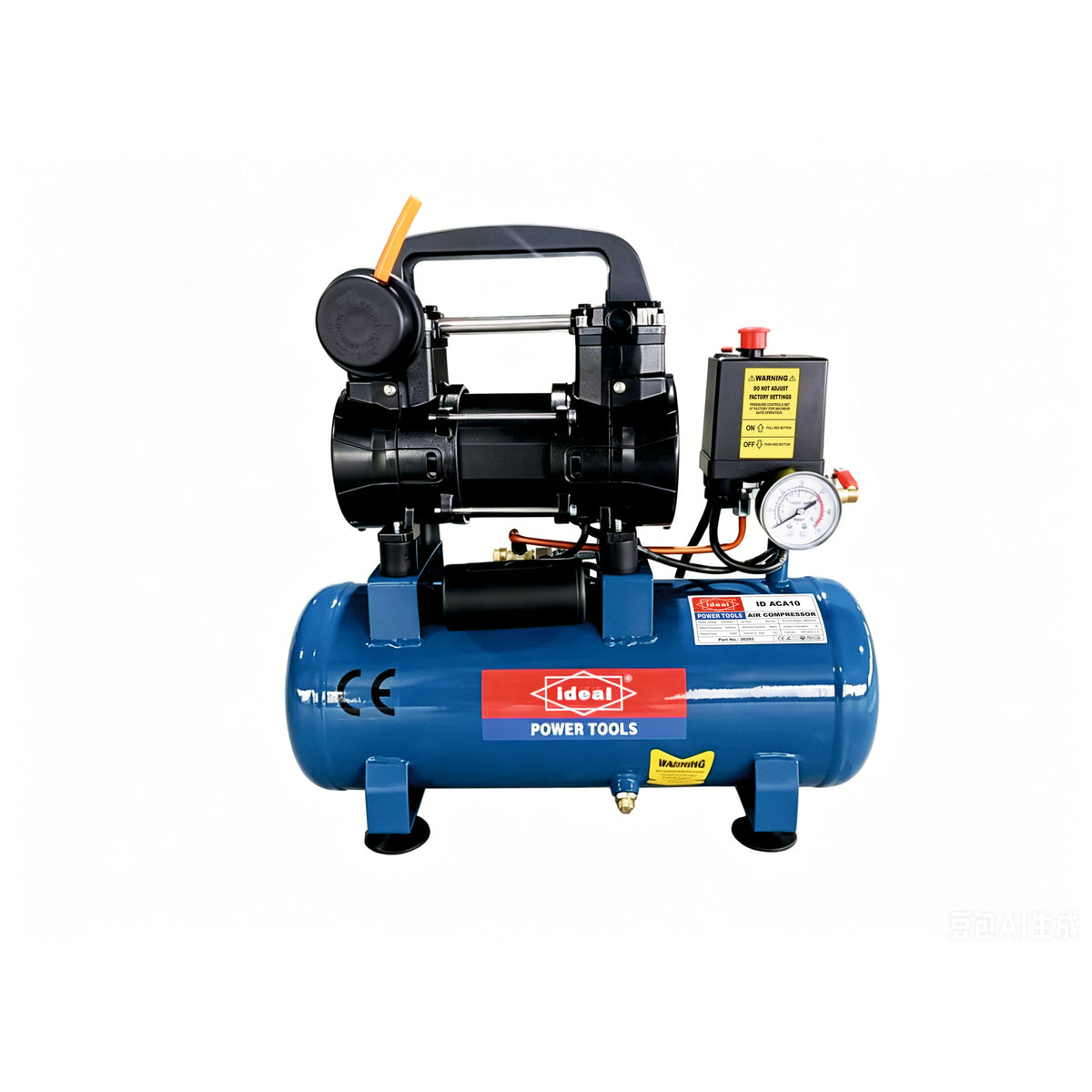 Blue air compressor with visible brand logo on a white background