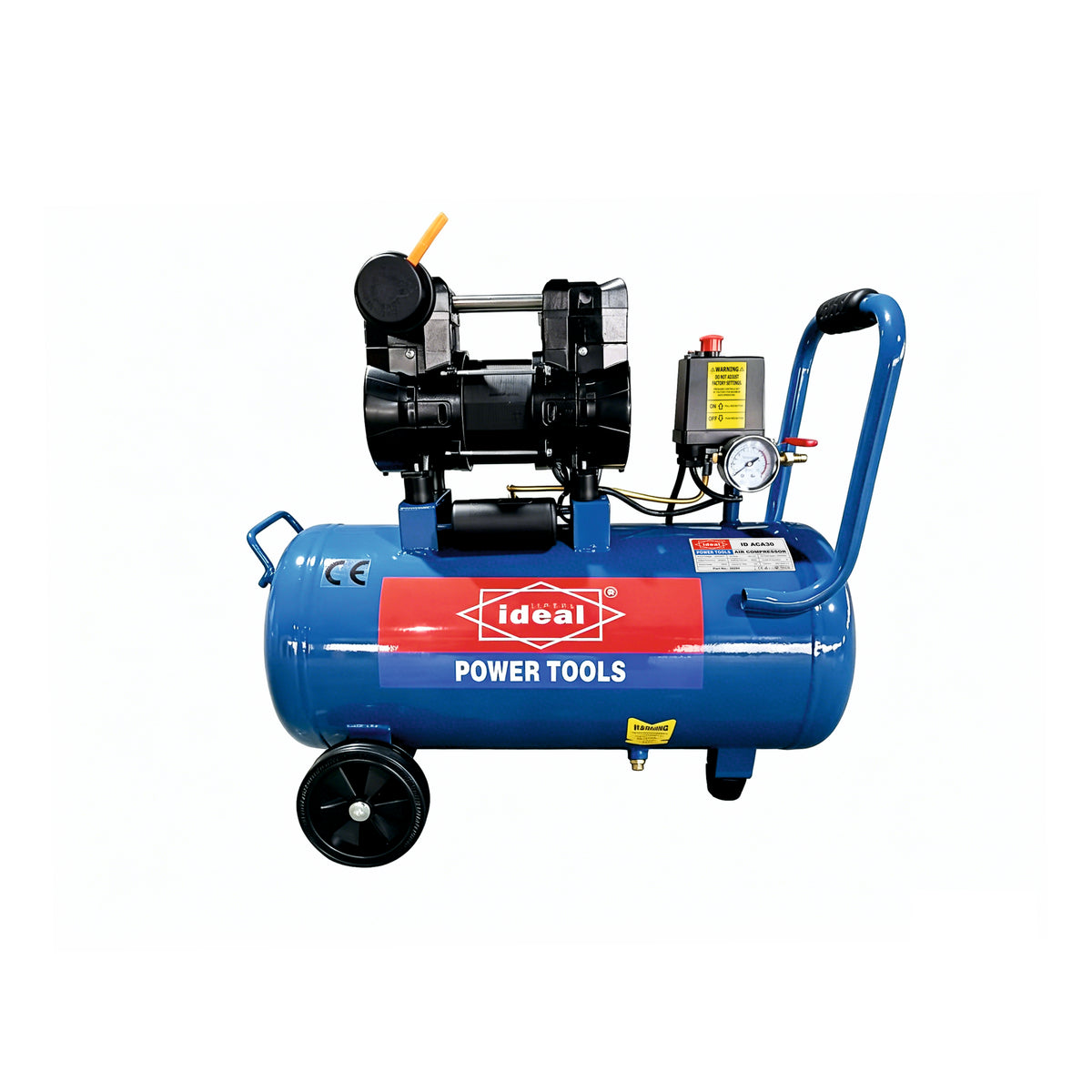 Blue air compressor with Ideal Power Tools branding on a white background