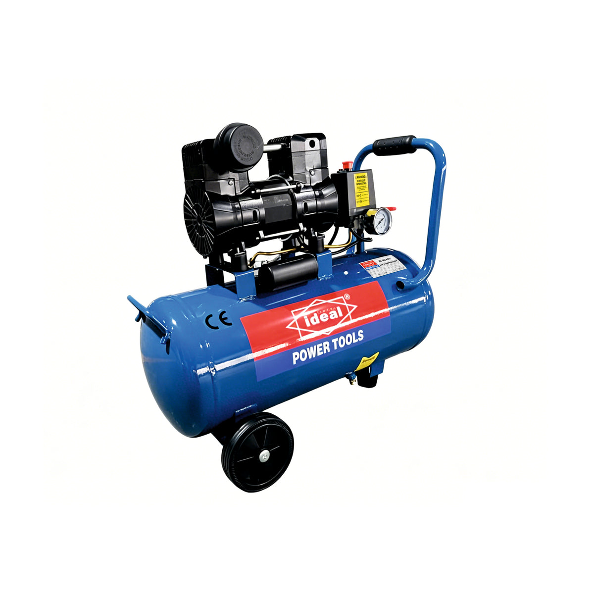 Blue air compressor with red and white label on a white background