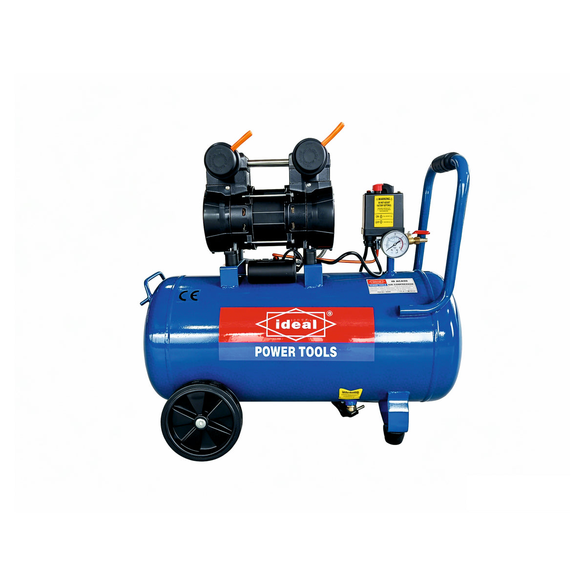 Blue air compressor with 'Ideal Power Tools' branding on a white background
