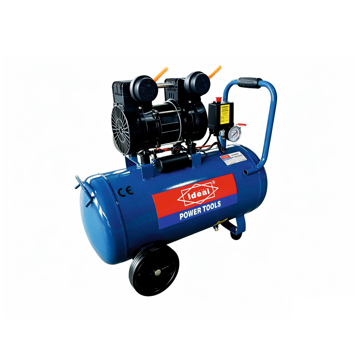 Blue air compressor with Ideal Power Tools logo on a white background