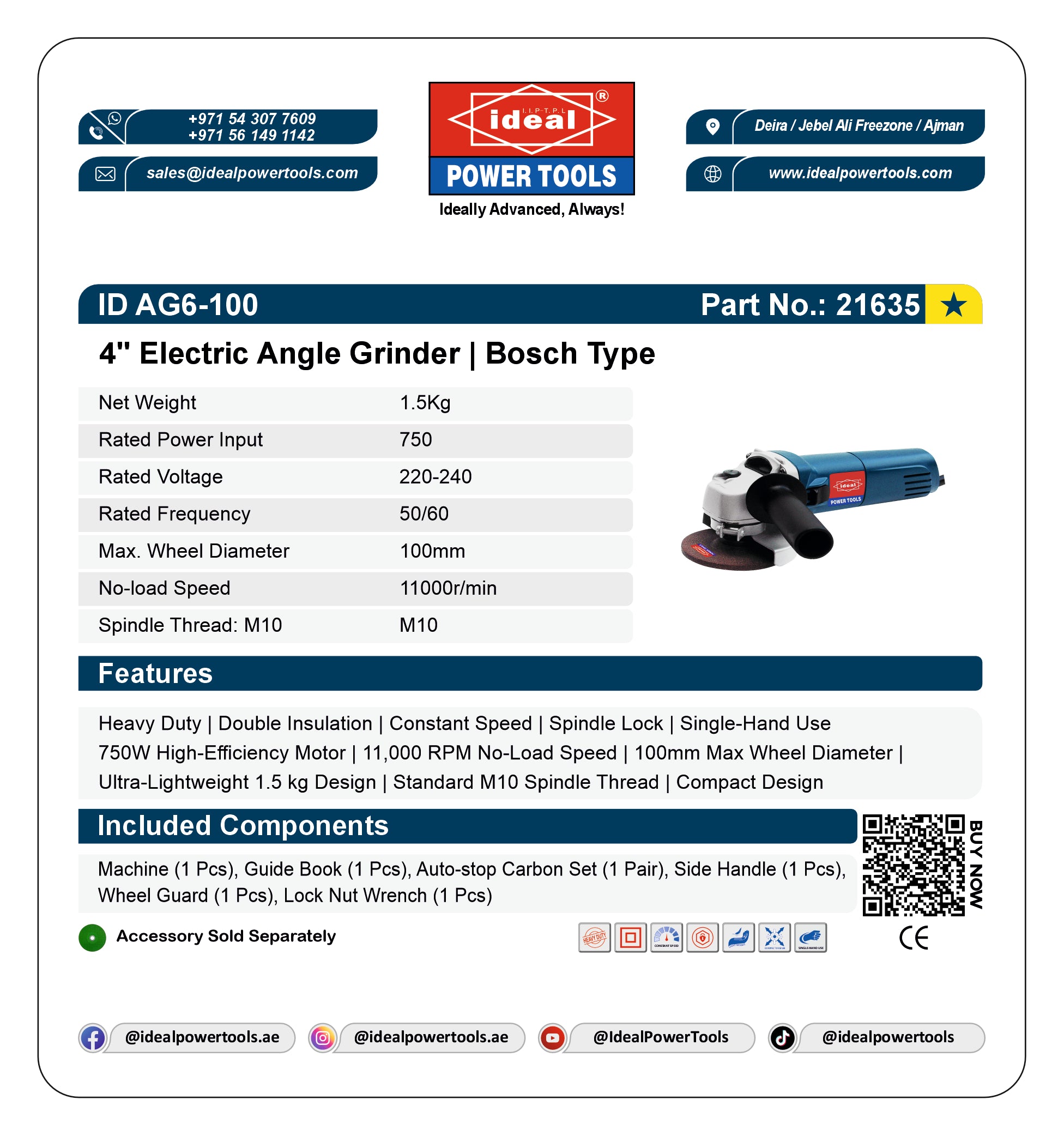 Product card of 4 inch angle grinder ID AG6-100 with specifications and brand details
