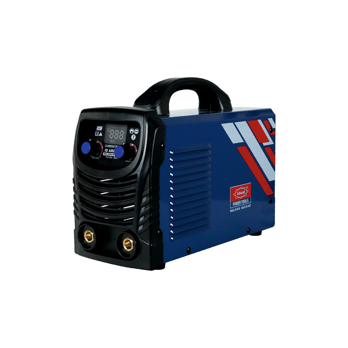 Blue and black electric welding machine with digital display on a white background
