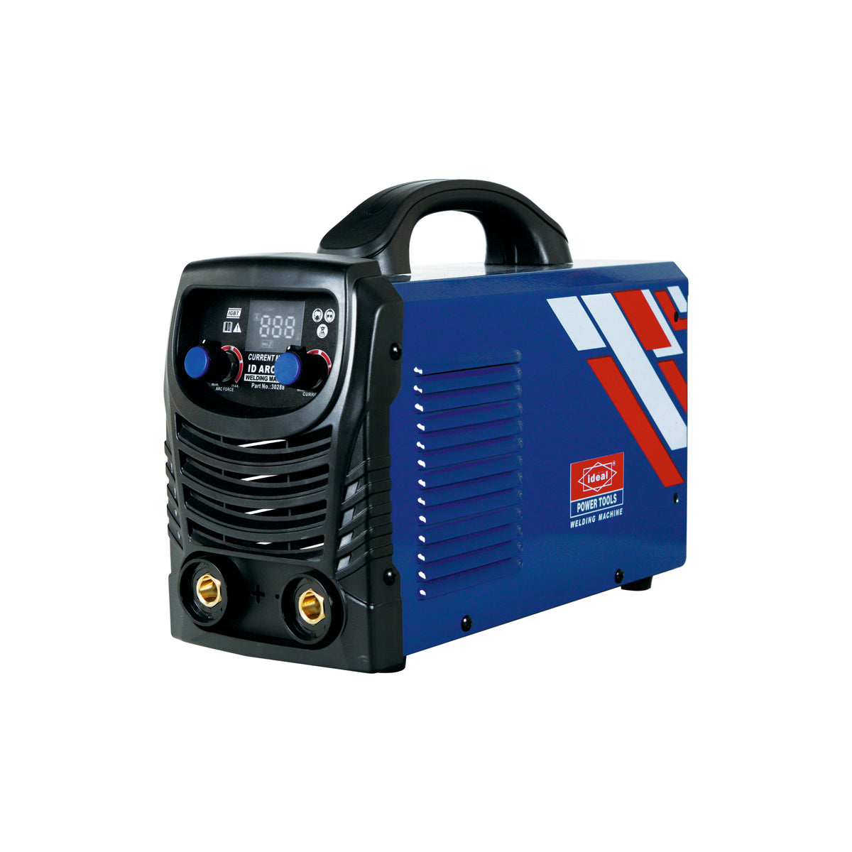Blue and black electric welding machine with digital display on a white background