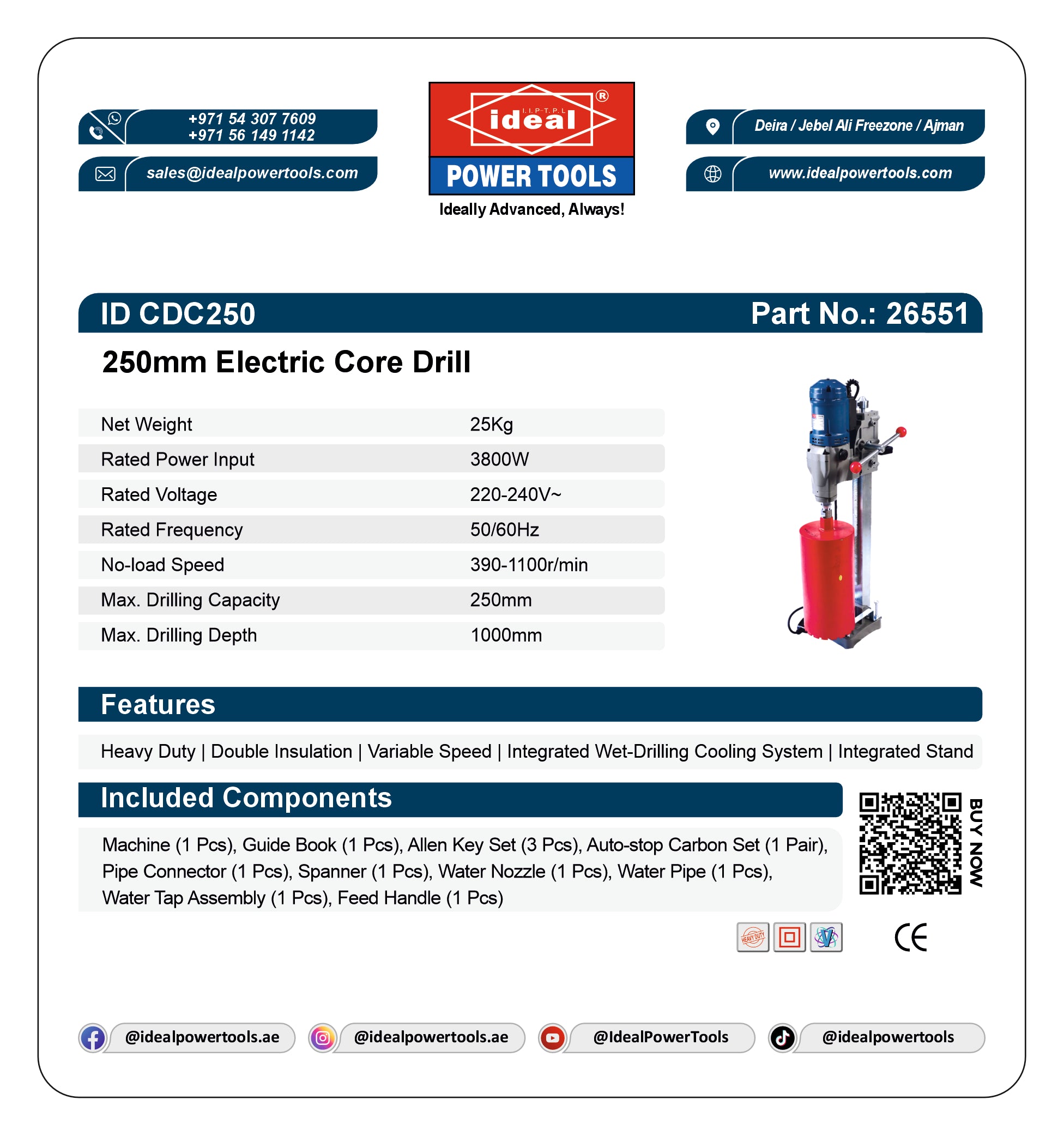 A white product information card for the Ideal Power Tools IDC250 Electric Core Drill, showing specifications, features, included components, and a small product photo on the right.