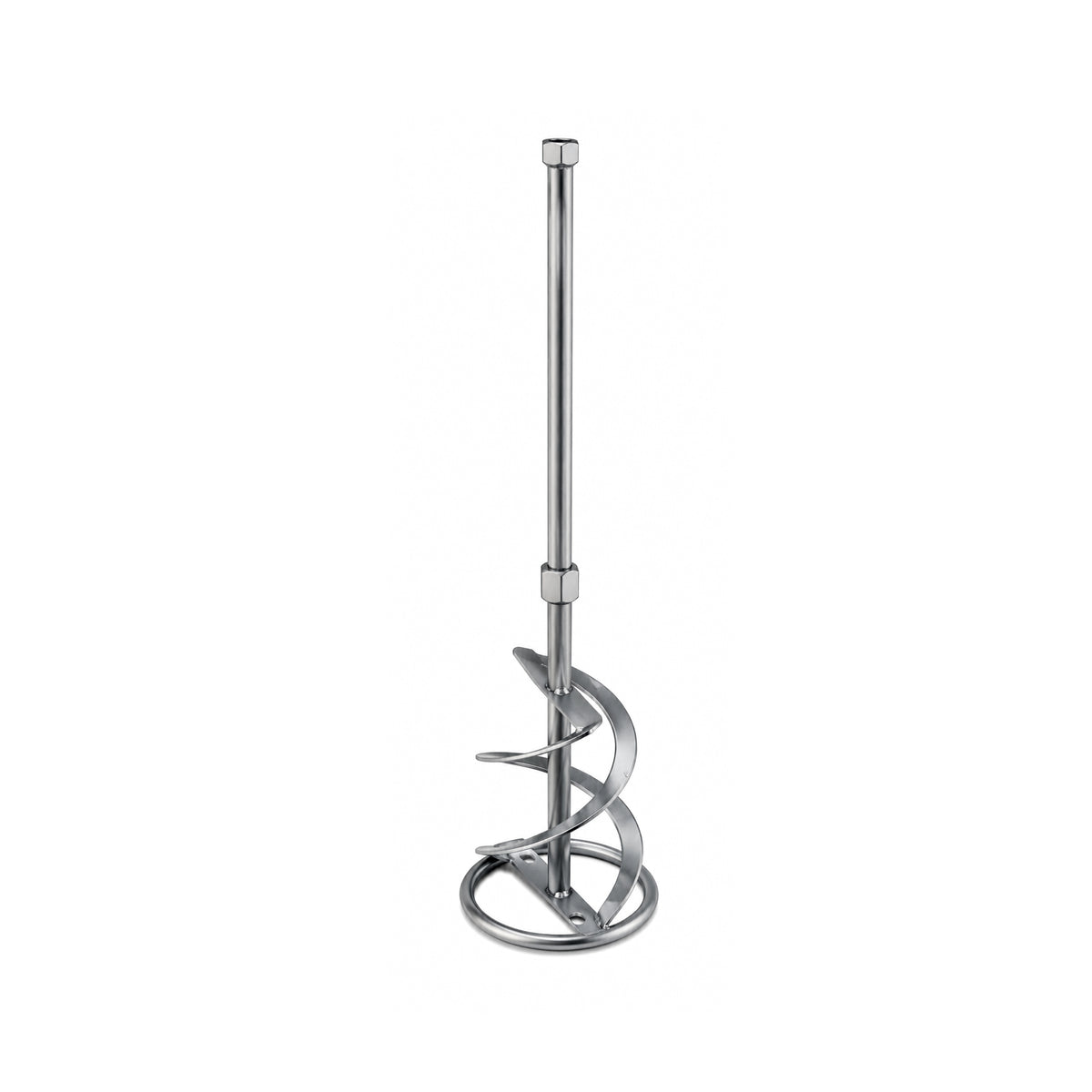 A stainless steel spiral mixing anchor with a long vertical shaft and circular base, shown on a plain white background.