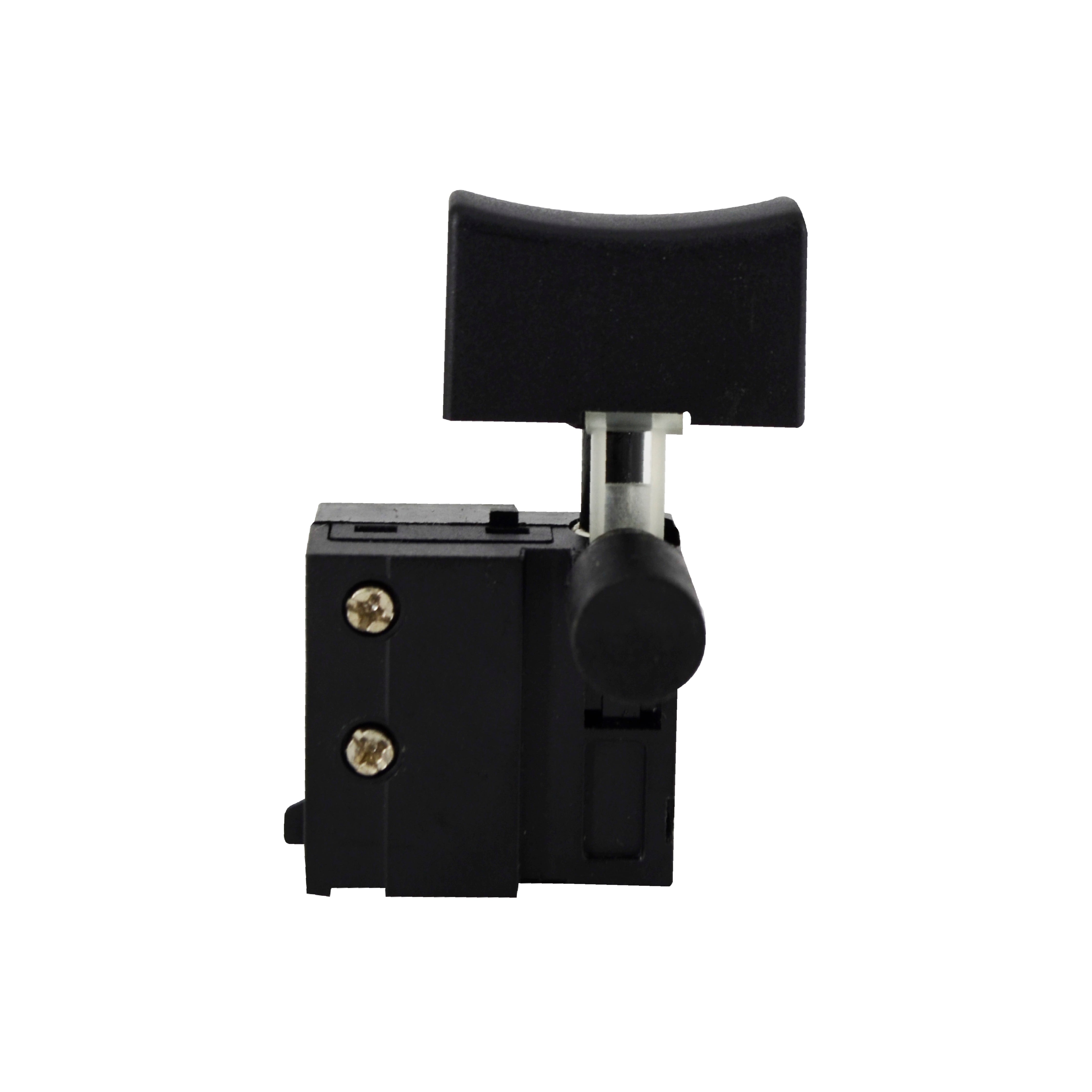 A black plastic and metal toggle switch component with a curved black handle and two gold-toned screws, shown against a plain white background.
