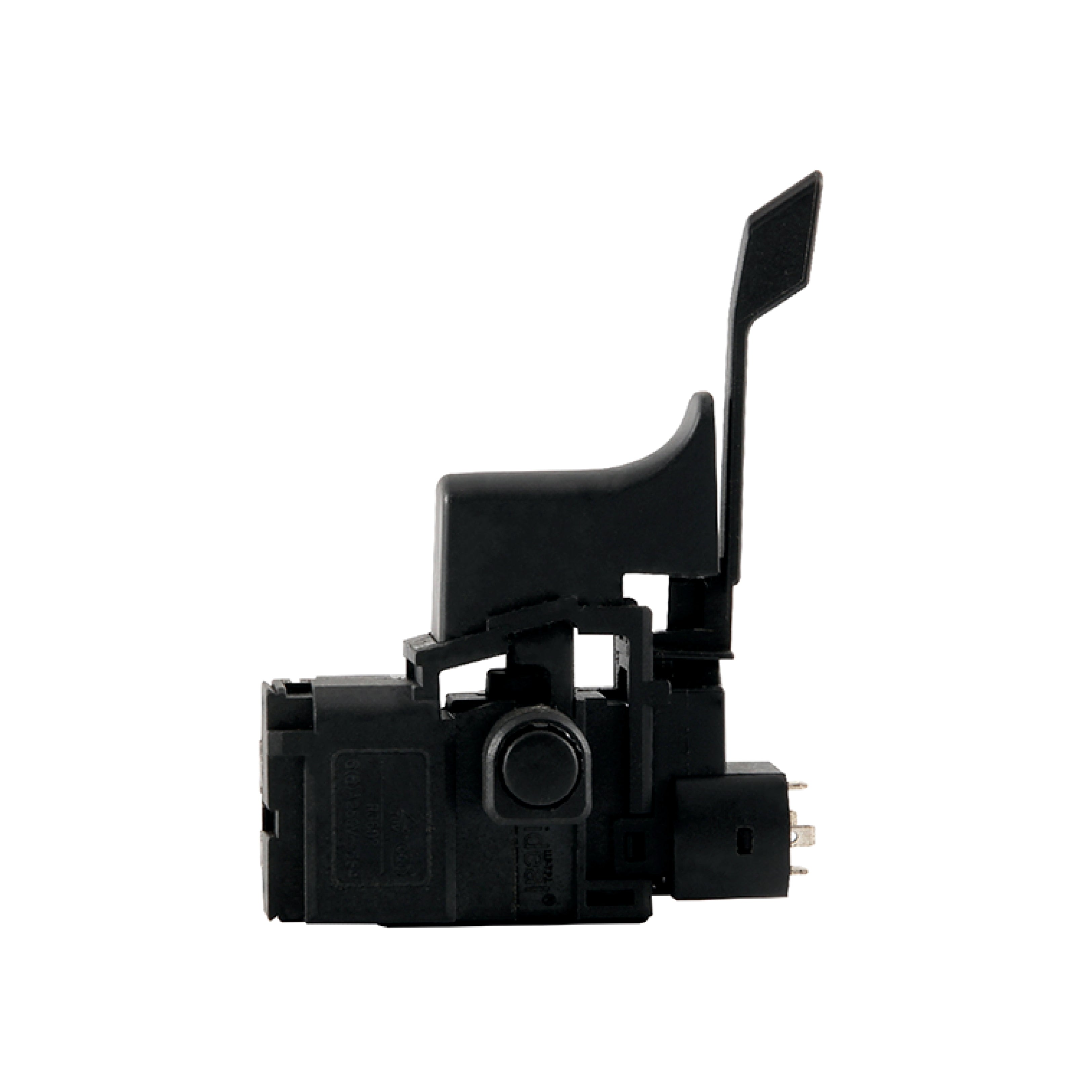 A black plastic mechanical switch with a vertical lever and side connector, shown against a plain white background.