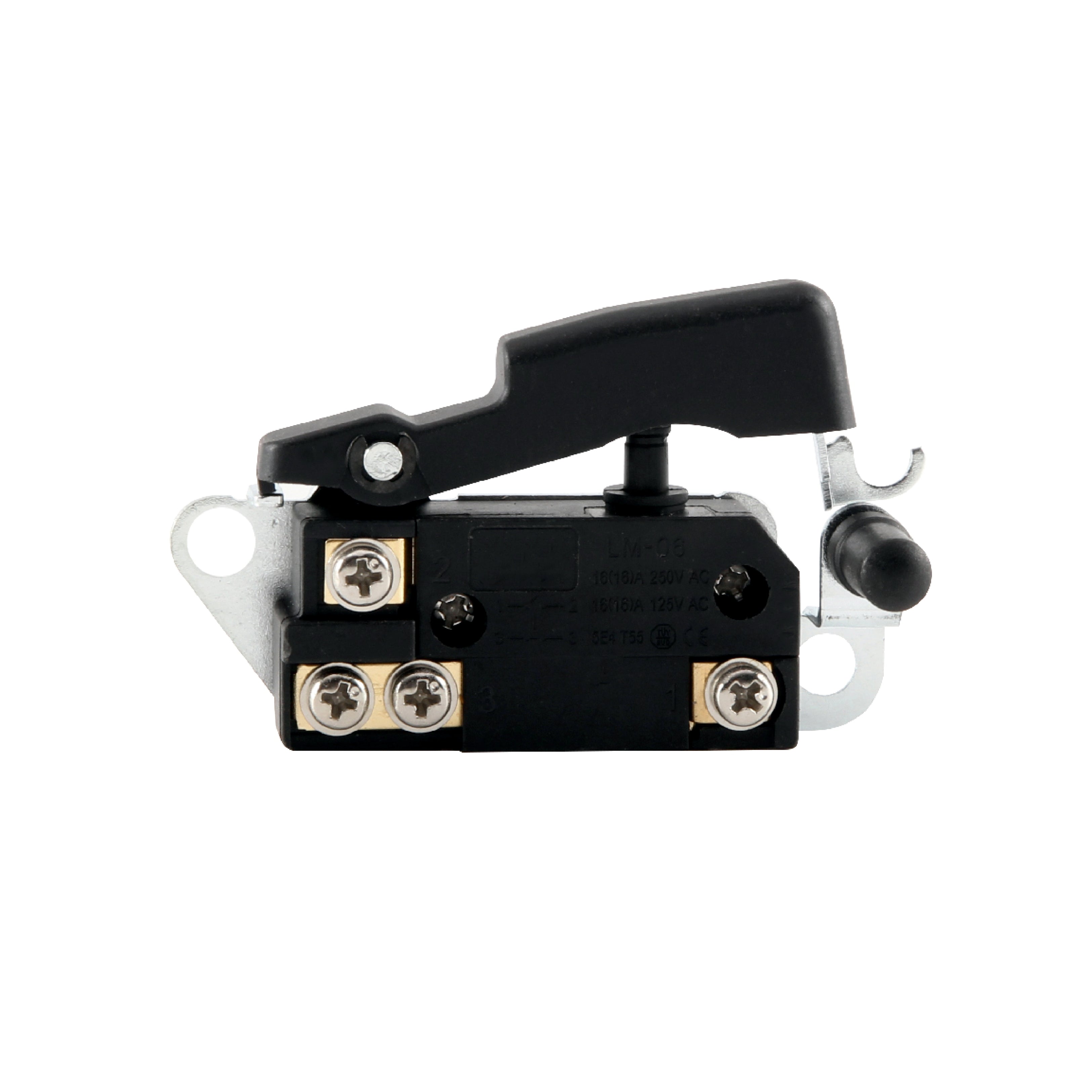 A black electrical push-button switch with a plastic lever handle, metal mounting brackets, and terminal screws on a plain white background.