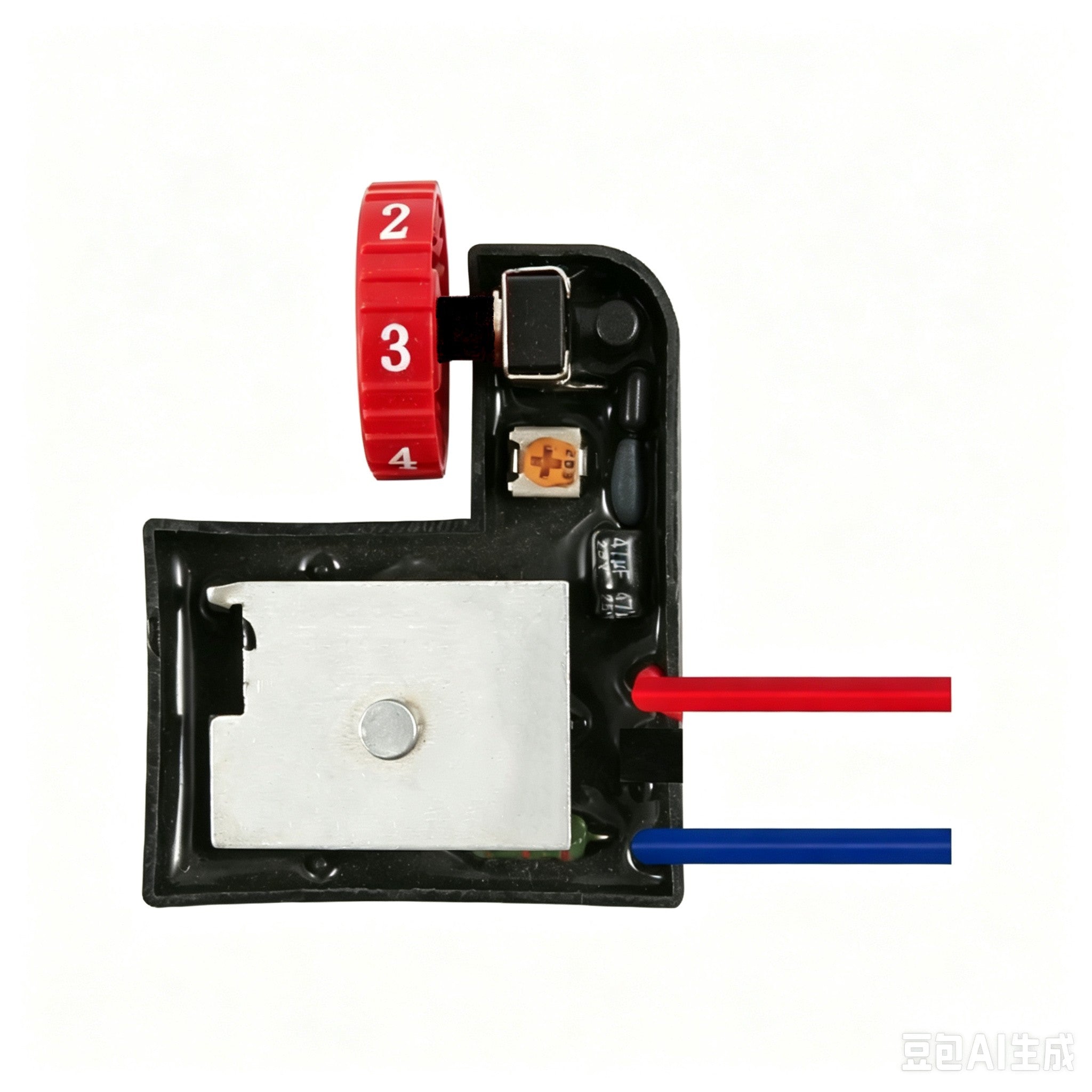 Electronic component (Ideal switch) with red and blue wires on a white background