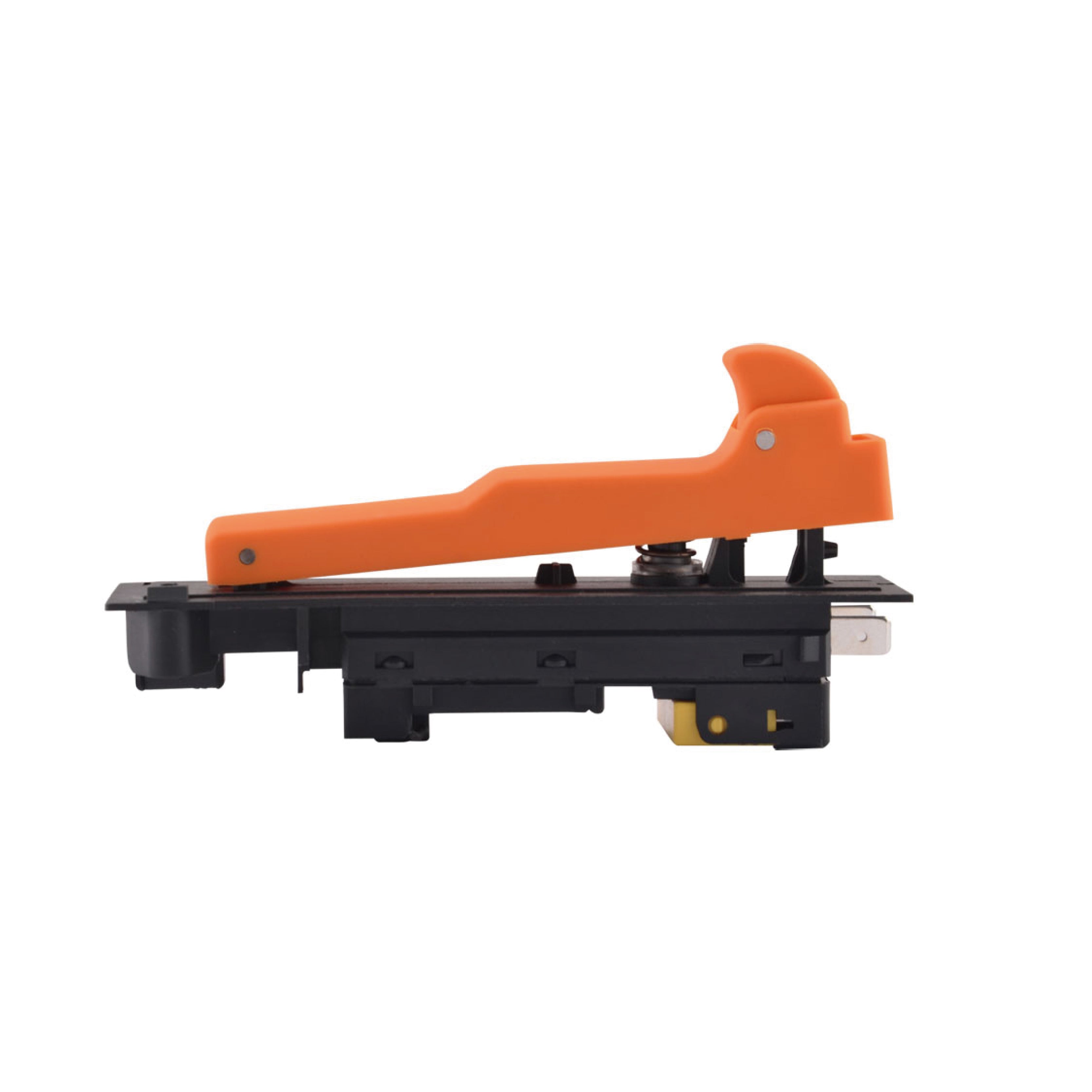 Orange and black color angle grinder switch on a white background