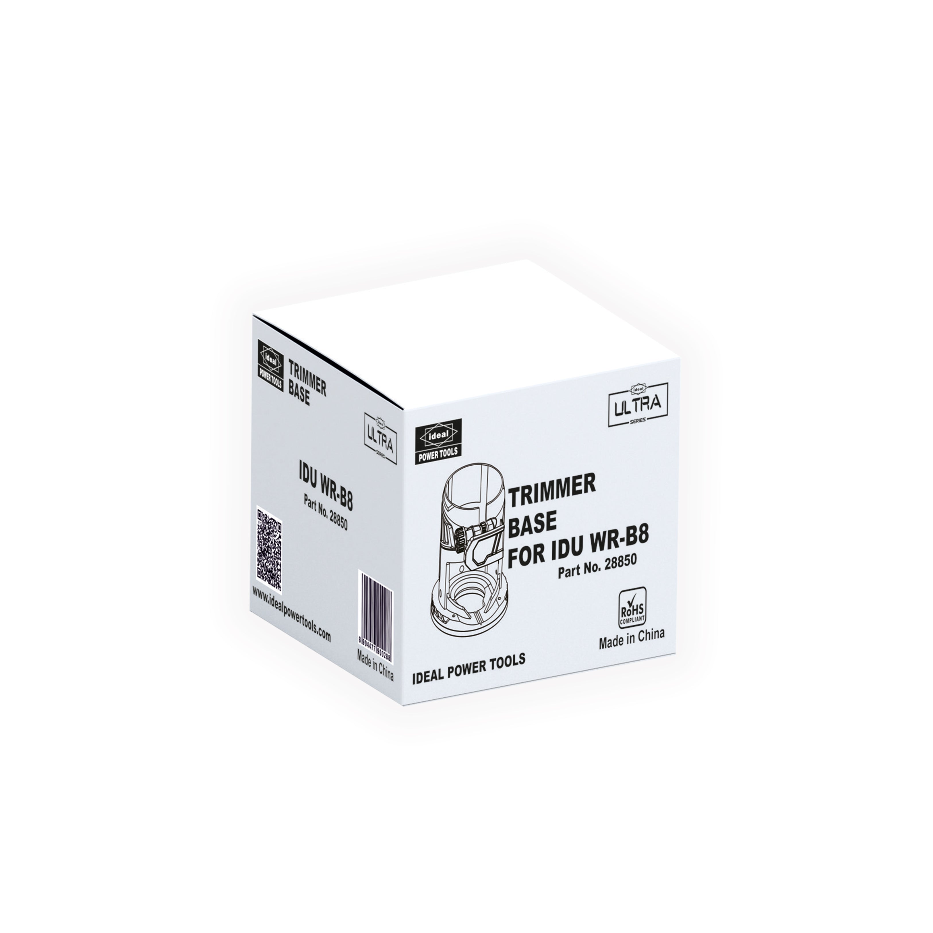 White box packaging for a trimmer base with branding and product details on a white background