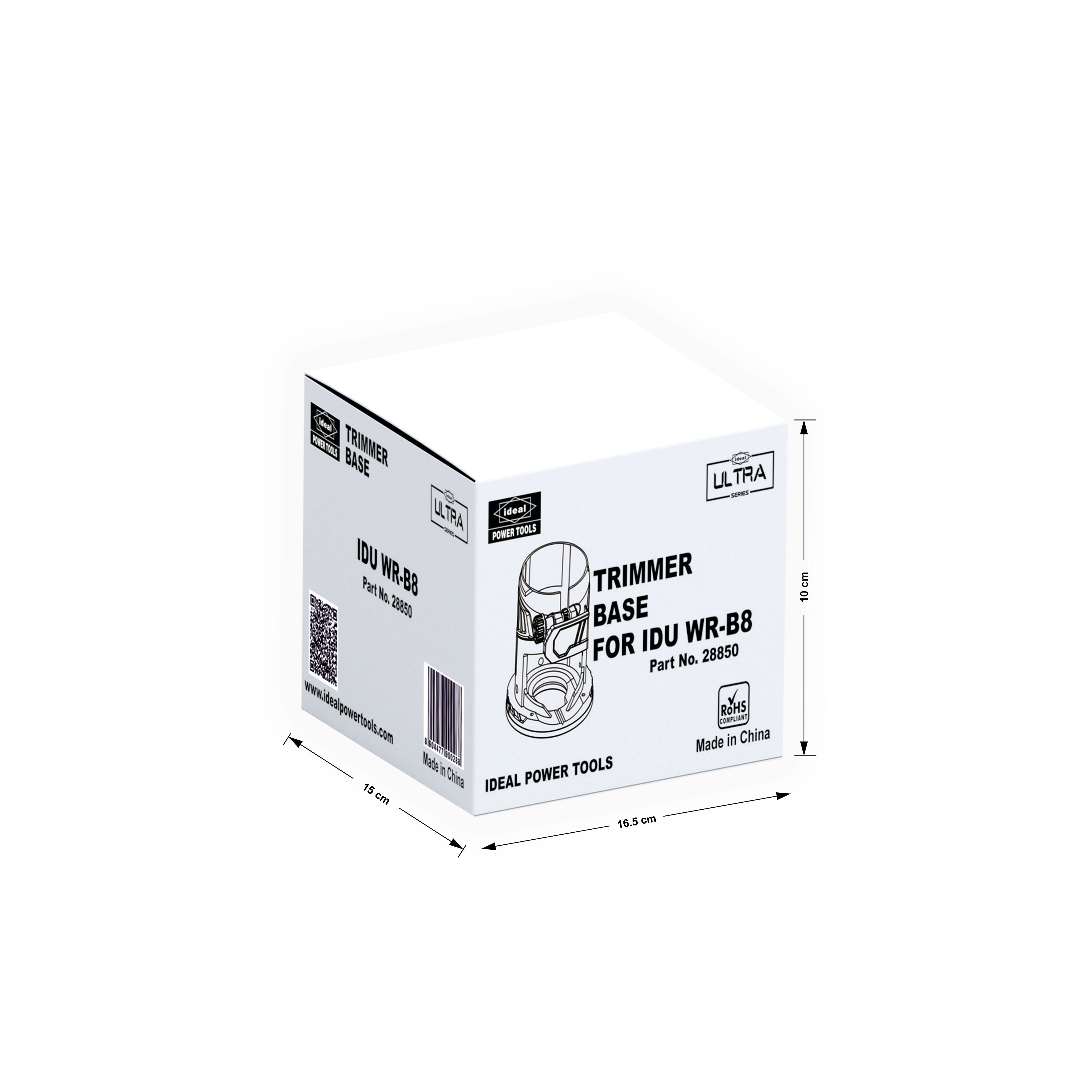 Box packaging of a trimmer base for IDU WR-8B with dimensions and branding details.