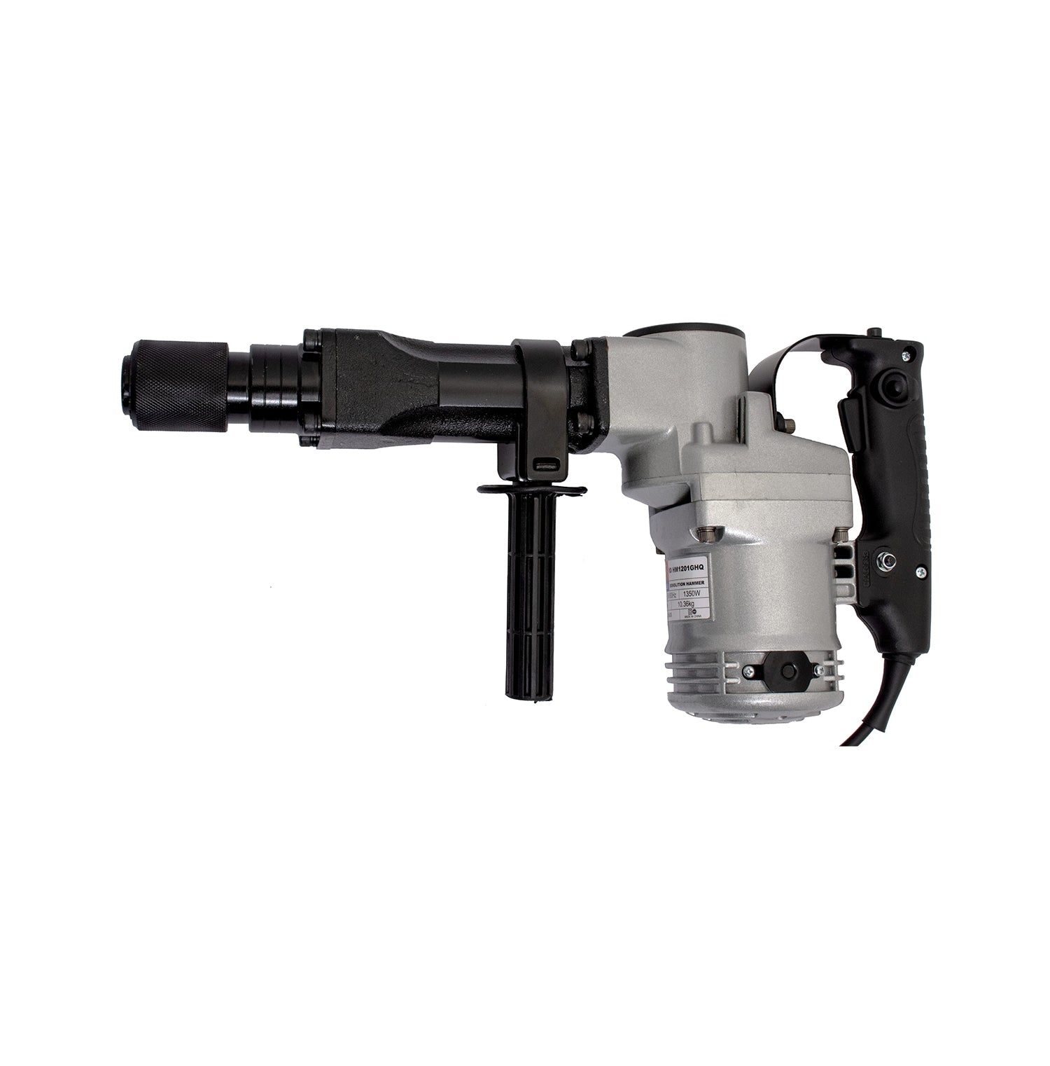 A heavy-duty electric hammer drill with a silver motor housing, black handle, and black attachment bit, shown against a plain white background.