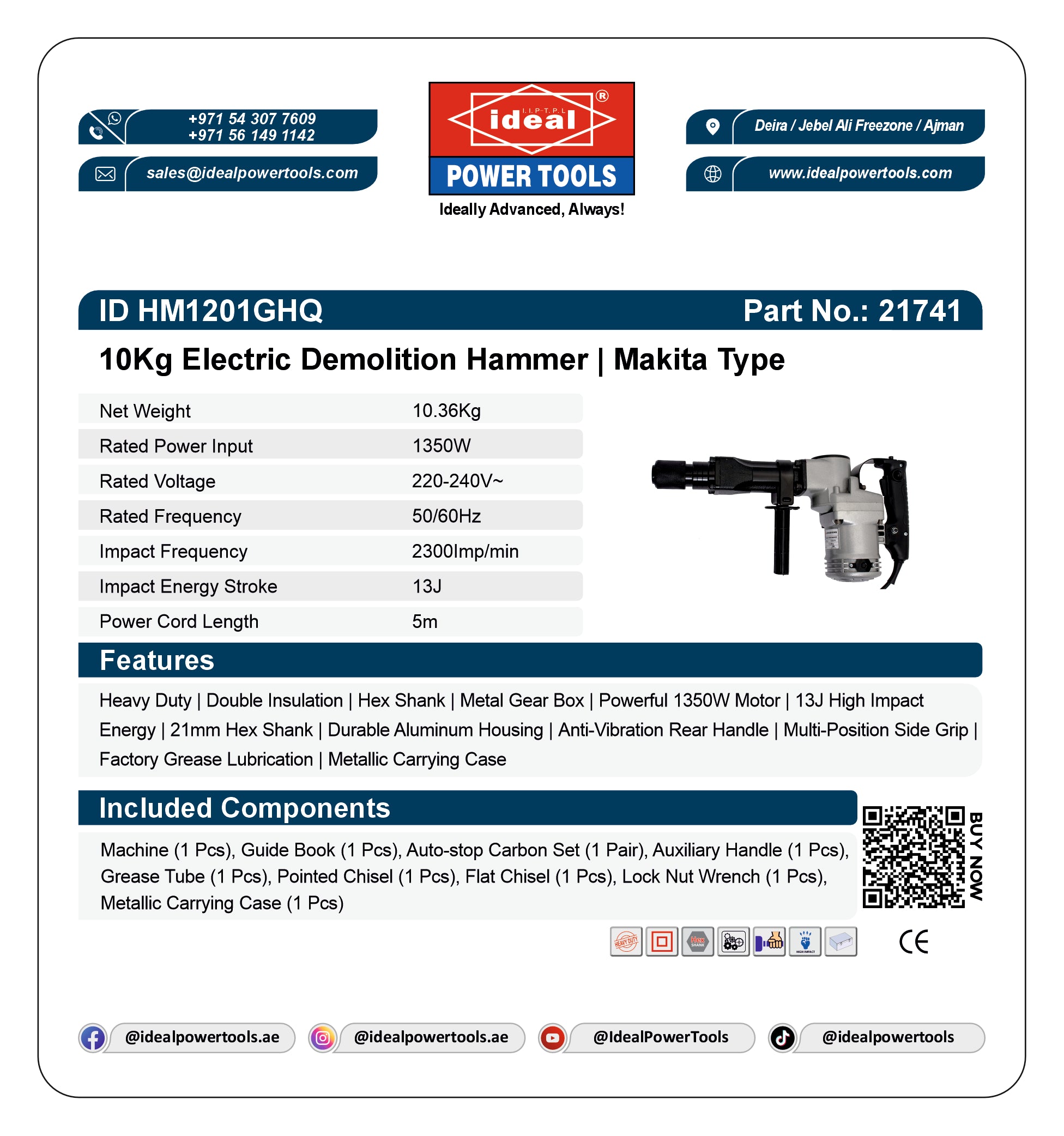 A white product information card for the Ideal 10kg Electric Demolition Hammer, showing the product name, part number, weight, ratings, features, and included components in a clean table layout with a small product photo.