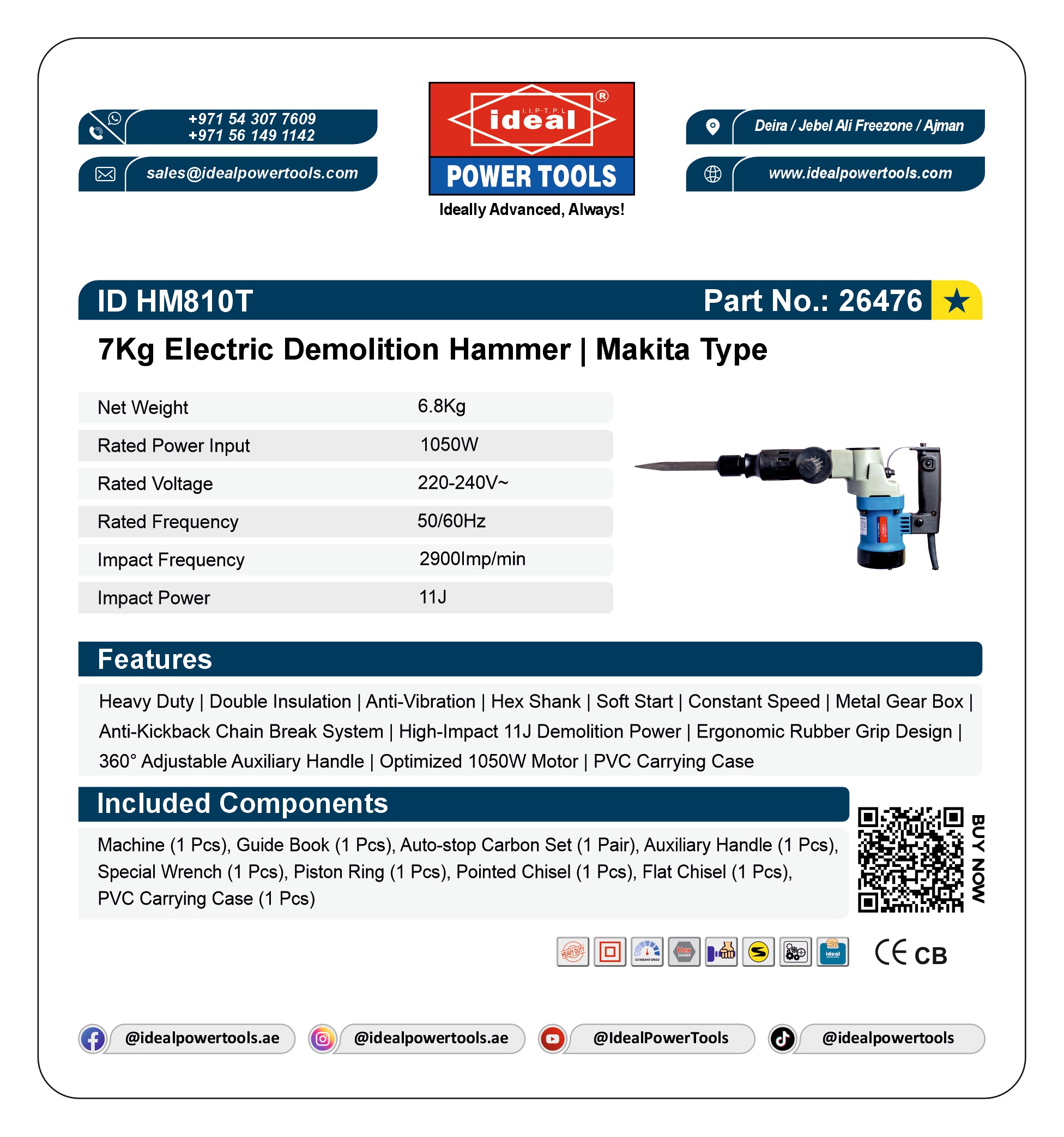 A product card for the Ideal ID HM810T 7Kg Electric Demolition Hammer, showing specifications, features, included components, and a small product illustration on a white background with the Ideal Power Tools branding.