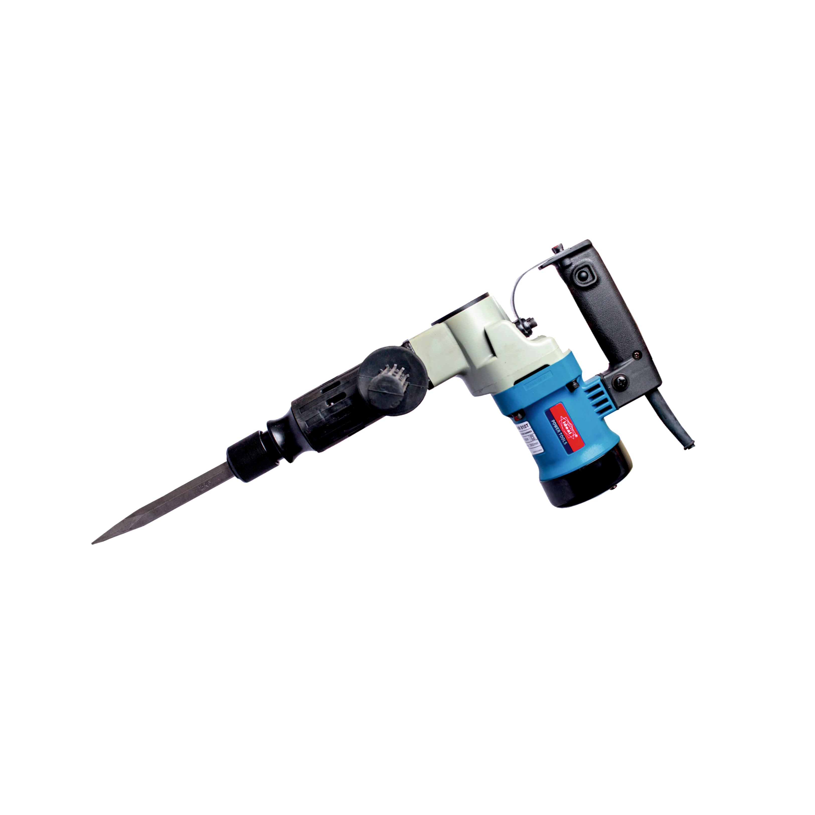 Ideal power tools demolition hammer, featuring a black body, and a blue cylindrical motor housing and isolated on a white background.