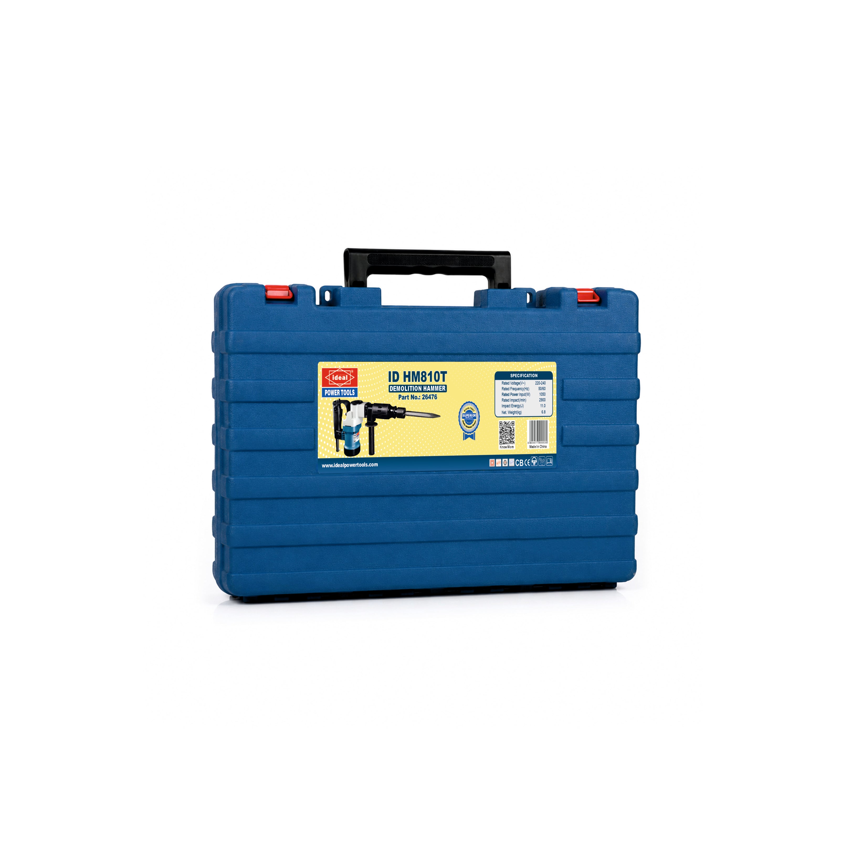 A blue plastic tool carrying case with a black handle and a yellow product label on the front, photographed on a plain white background.