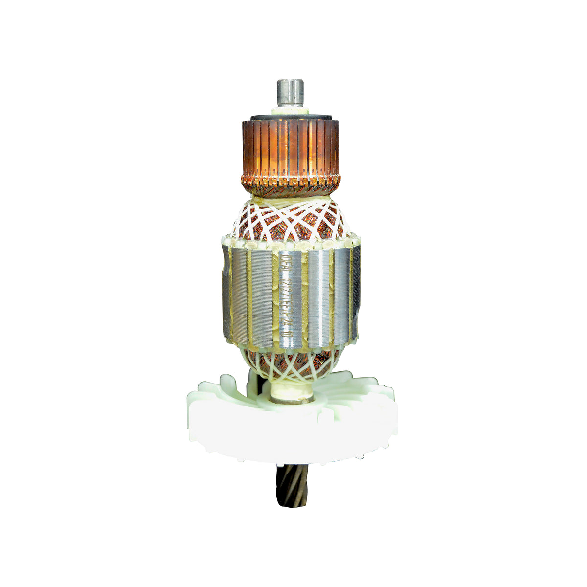 An  armature with copper windings, a white mesh center, and a white mounting base, isolated on a white background.
