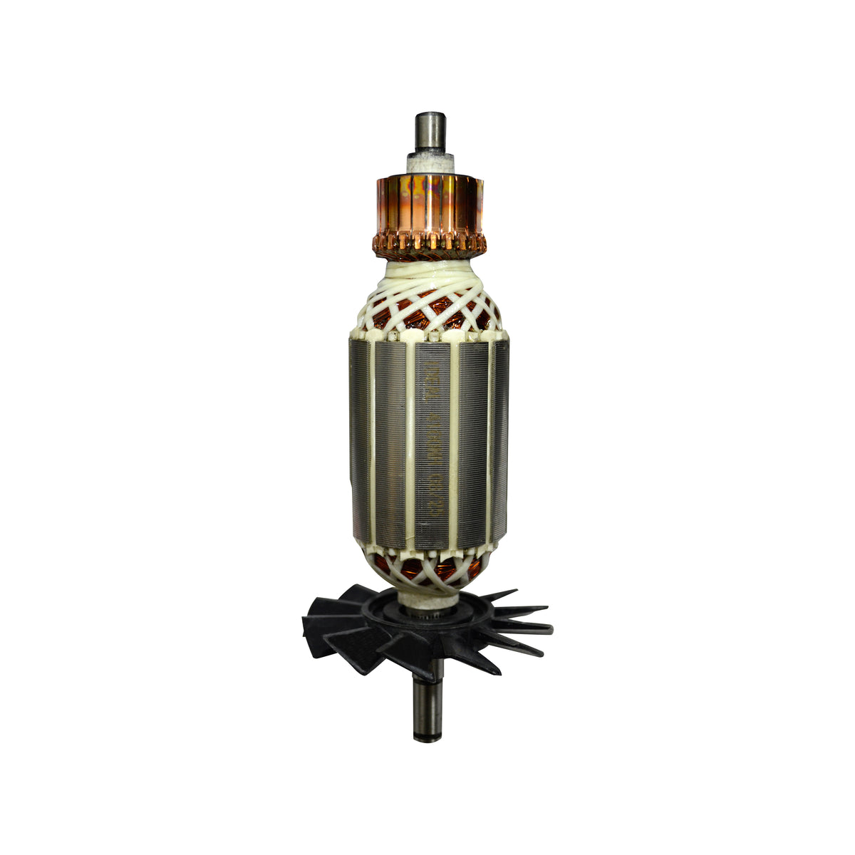 A replacement electric  armature with a black stator, copper rotor, and black splined shaft, isolated on a white background.