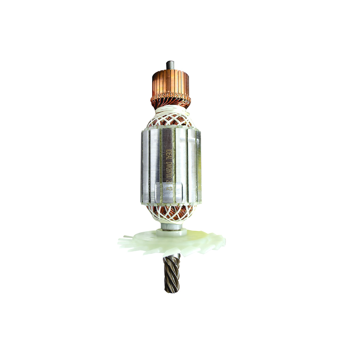 An armature with copper windings, a clear plastic outer casing, and a metal core, shown on a plain white background.