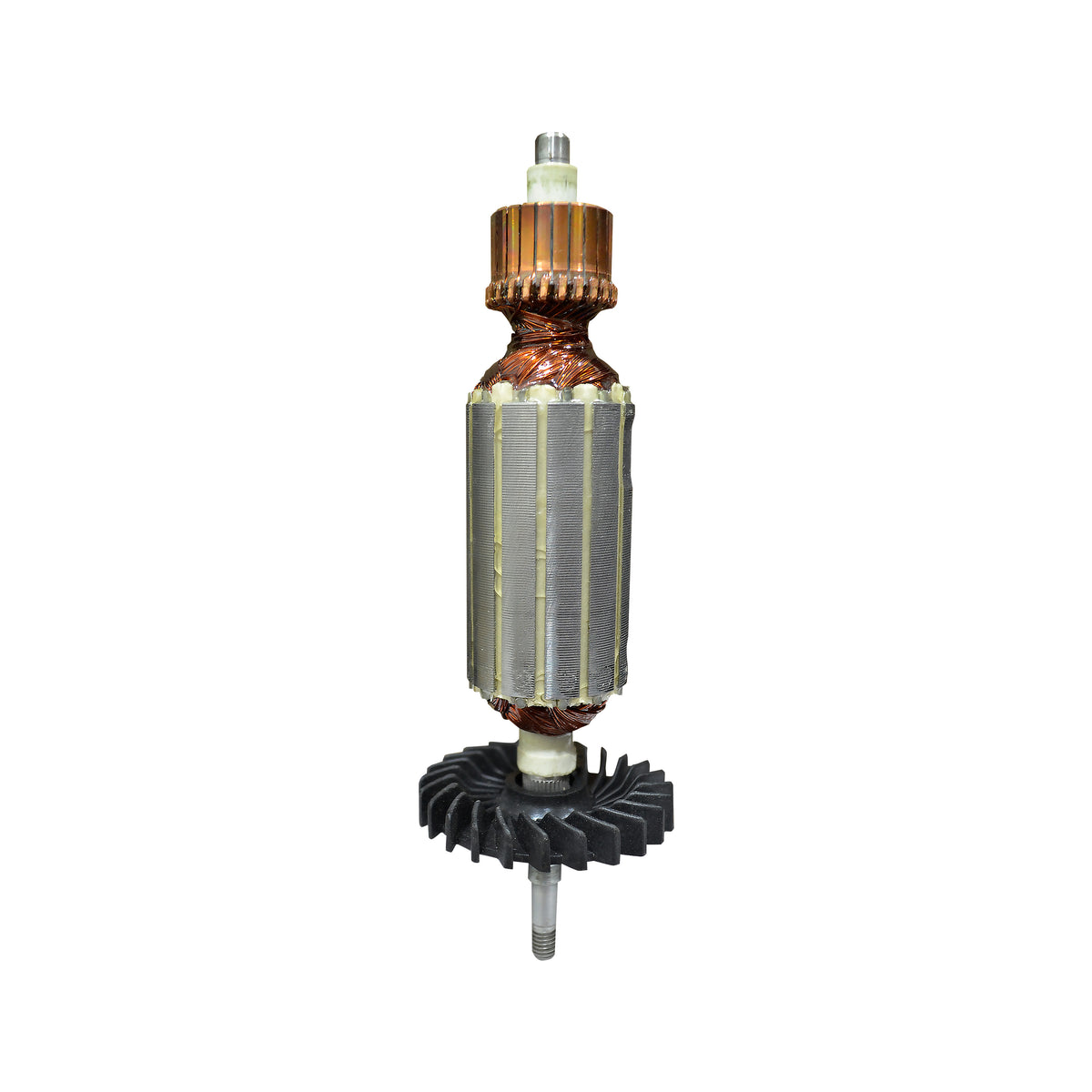 An armature with copper windings, a black rotor wheel, and a metal shaft, isolated on a white background.
