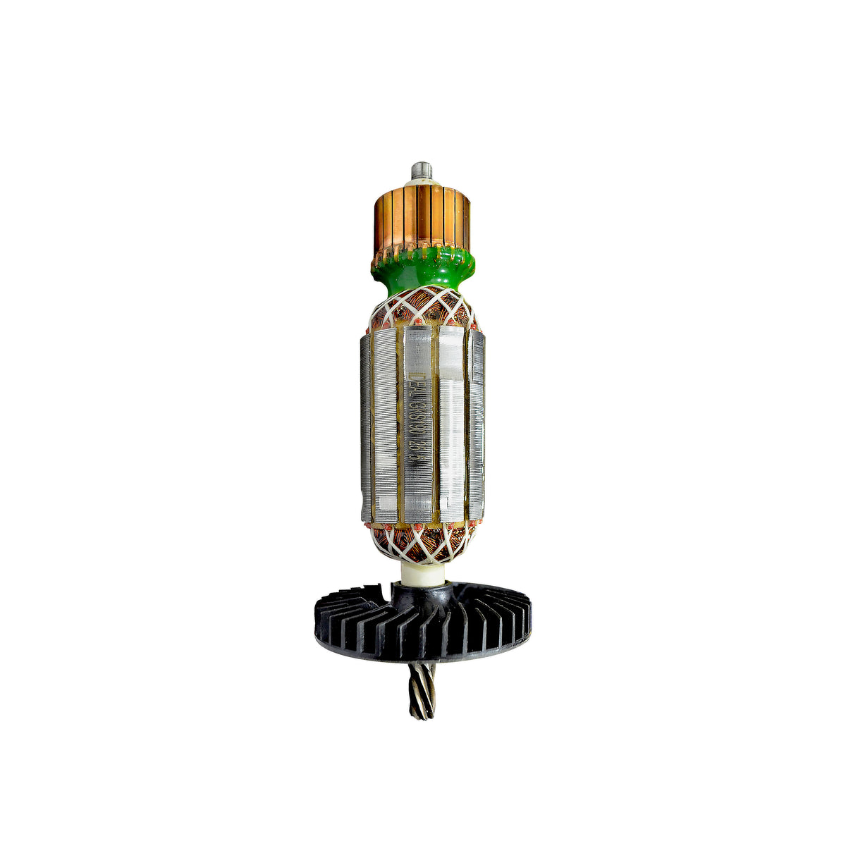 An armature with a copper-colored top section, a green ring, a wire-wrapped middle section, a black ribbed base, and a metal shaft, isolated on a white background.
