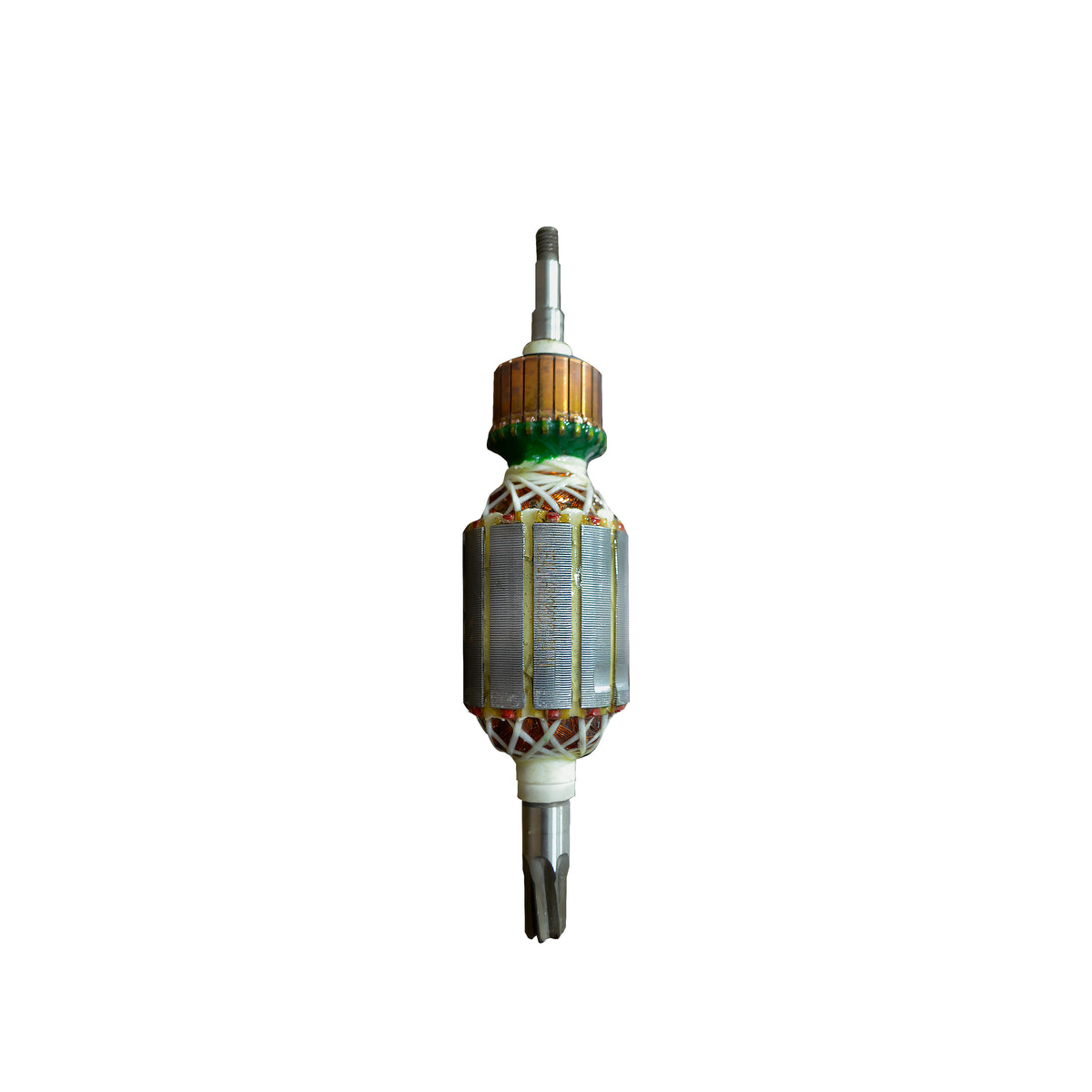 An armature with a gold-toned ribbed top, green ring, white winding layers, and a silver metal shaft on a plain white background.