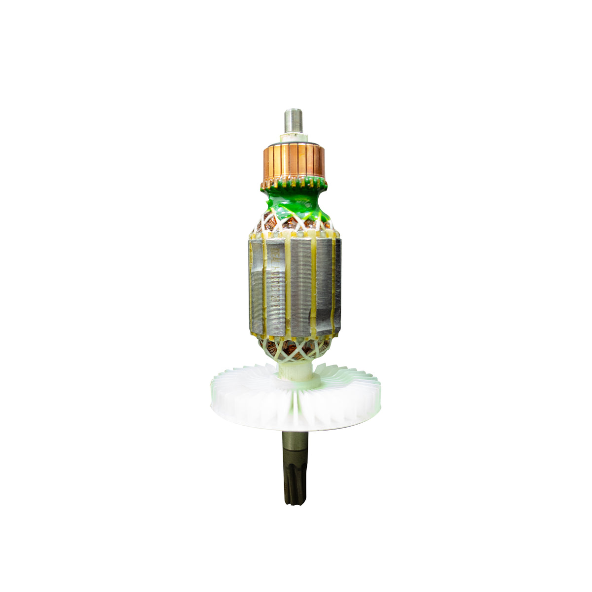 An  armature with a metallic silver body, green upper section, copper-colored top ring, and a white circular base, isolated on a plain white background.