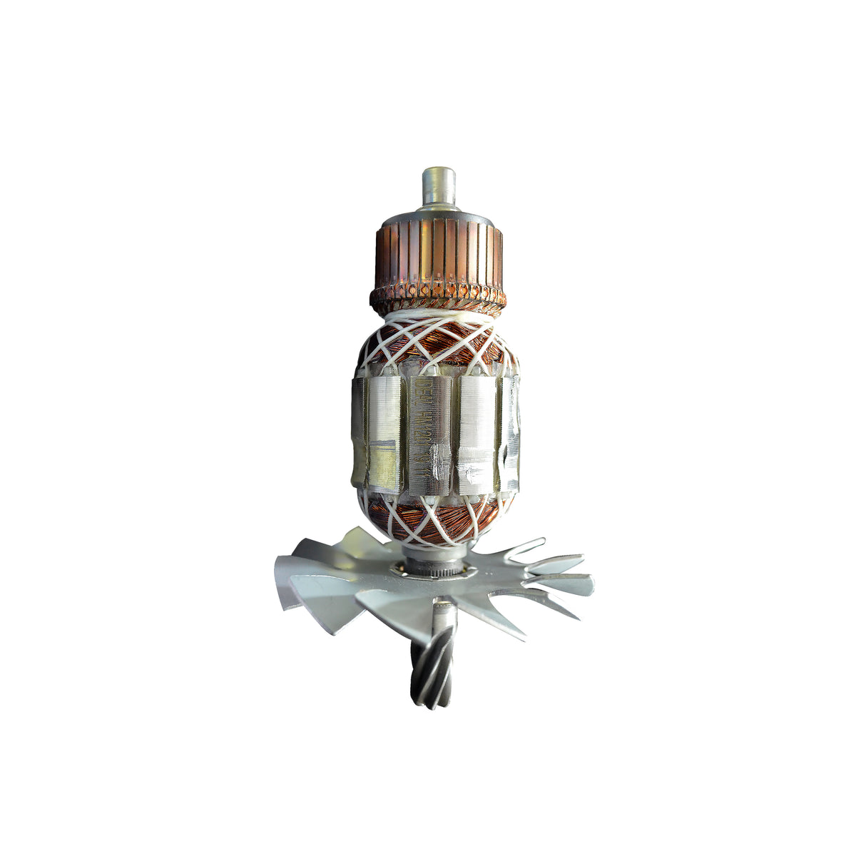 An armature featuring copper-colored rotor coils on a central shaft, wrapped in white mesh, with three silver-colored metal blades at the base, isolated on a white background.