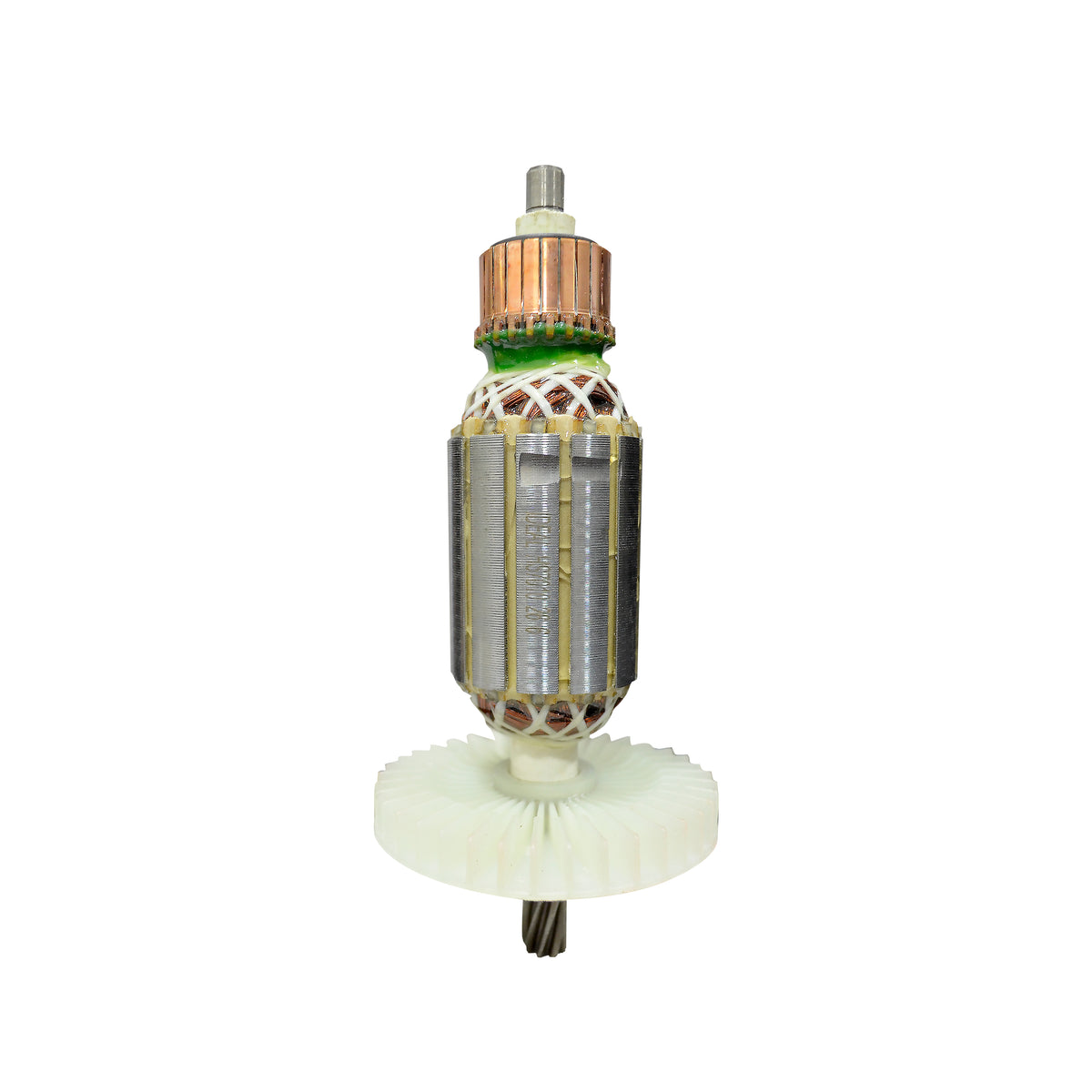 A armature with copper windings, a green insulating ring, a silver metal core, and a white plastic gear base, isolated on a white background.