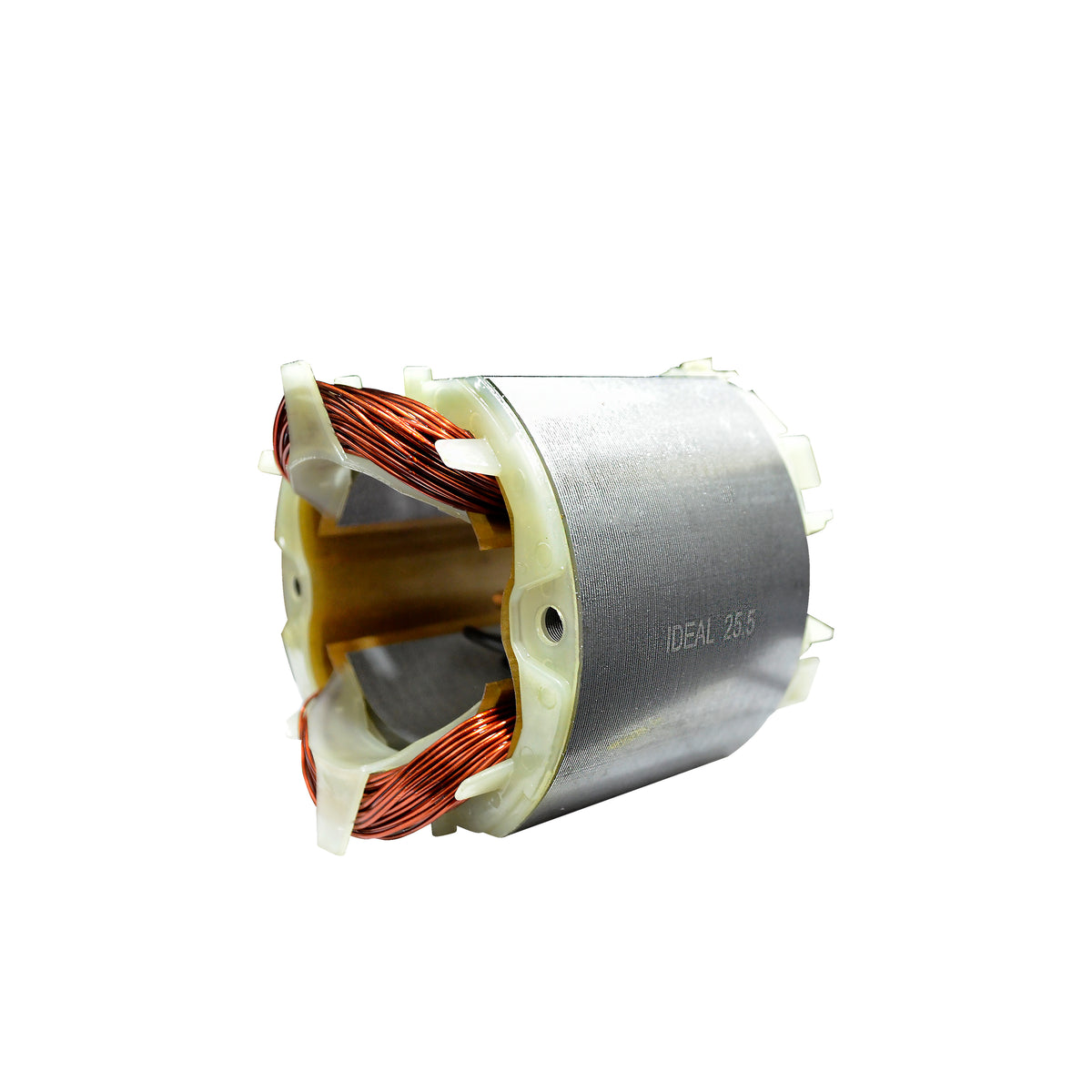 A coil with copper windings visible on the left side, set against a plain white background.