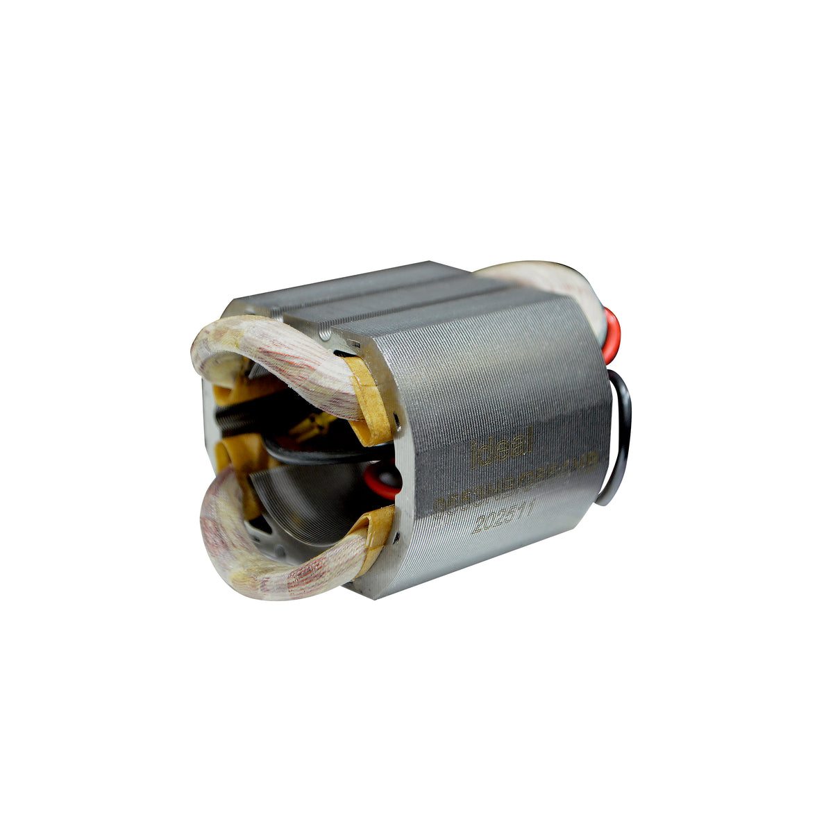 A coil with exposed internal windings, black and red wires, and a looped metal lead, photographed on a plain white background.
