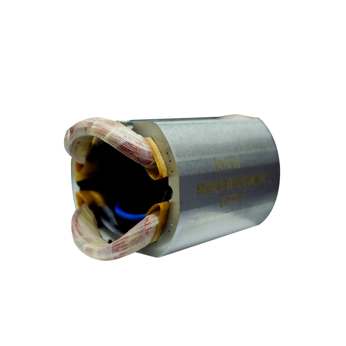 A coil featuring a brushed silver aluminum body, a black interior core, and thick copper-colored wire loops on the front, isolated on a white background.