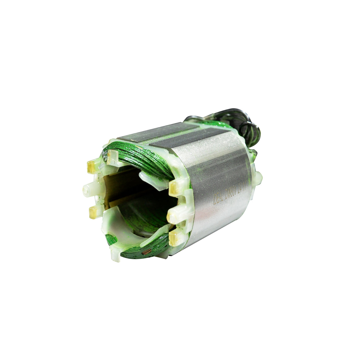 A coil with a silver metal core, green insulated windings, and white plastic terminal boots, shown on a plain white background.
